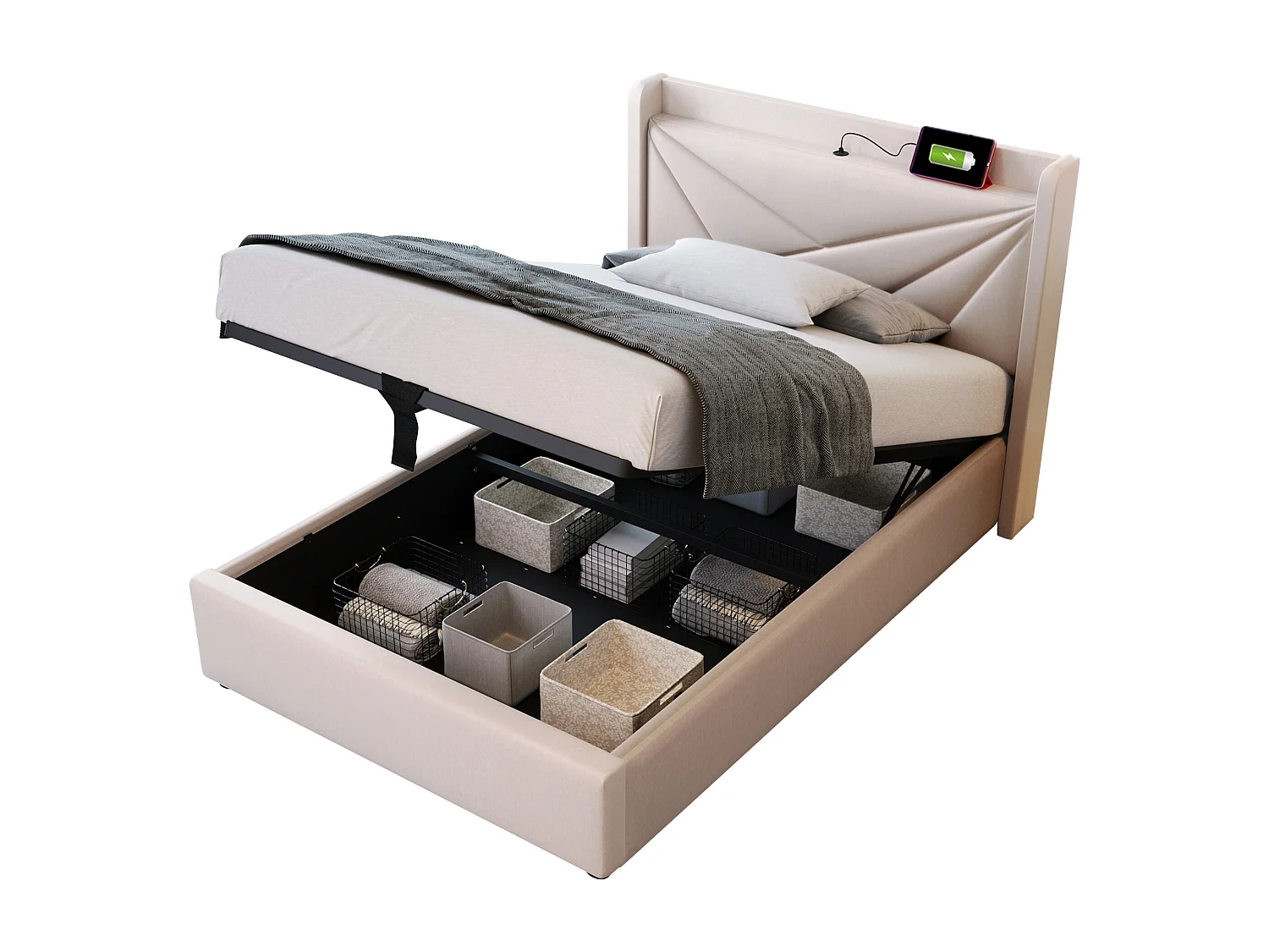 Lit avec rangement - 90x200 cm - Lit simple avec fonction de charge USB Type C, tête de lit - matière lin - beige