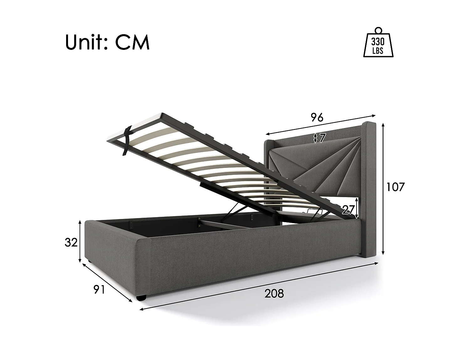 Lit avec rangement - 90x200 cm - Lit simple avec fonction de charge USB Type C, tête de lit - matière lin - gris