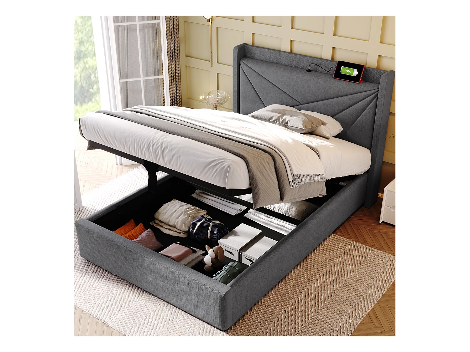 Lit avec rangement - 90x200 cm - Lit simple avec fonction de charge USB Type C, tête de lit - matière lin - gris
