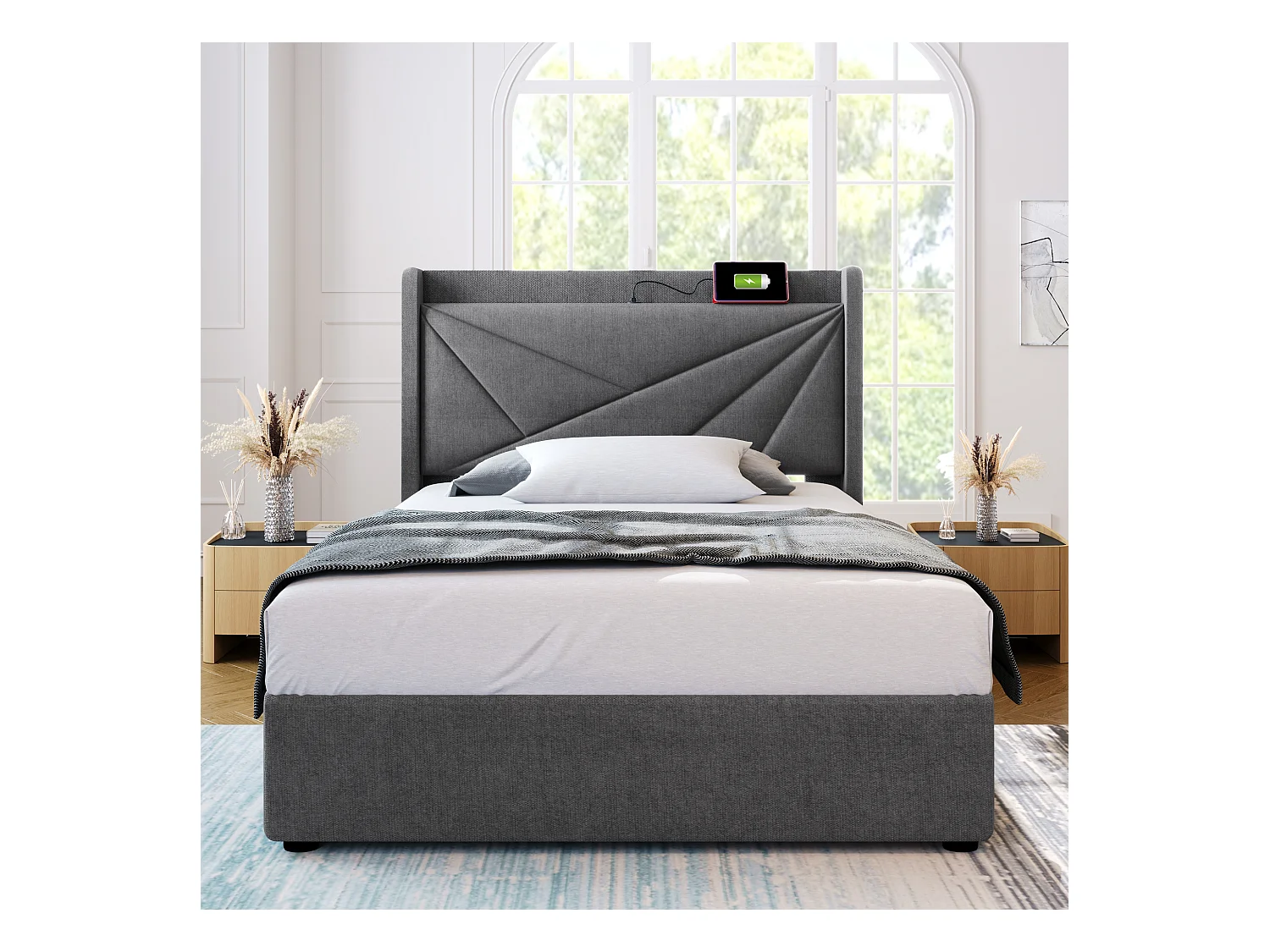 Bett mit Stauraum - 90x200 cm - Einzelbett mit USB Typ C Ladefunktion Kopfteil - Leinenmaterial - Grau