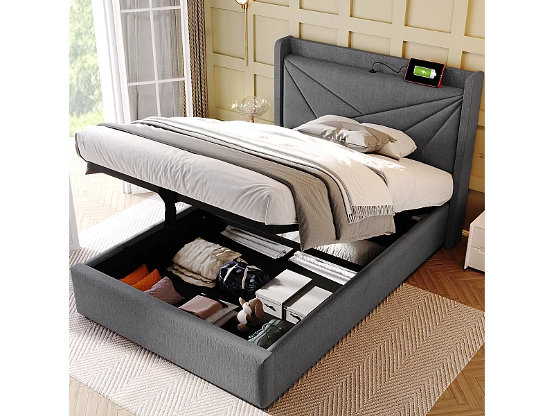 Lit avec rangement - 90x200 cm - Lit simple avec fonction de charge USB Type C, tête de lit - matière lin - gris