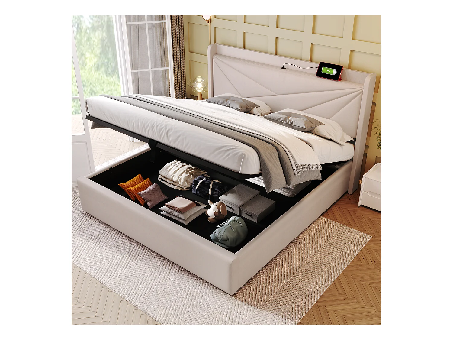 Lit avec rangement - 180x200 cm - Lit double avec fonction de charge USB Type C, tête de lit - matière lin - beige