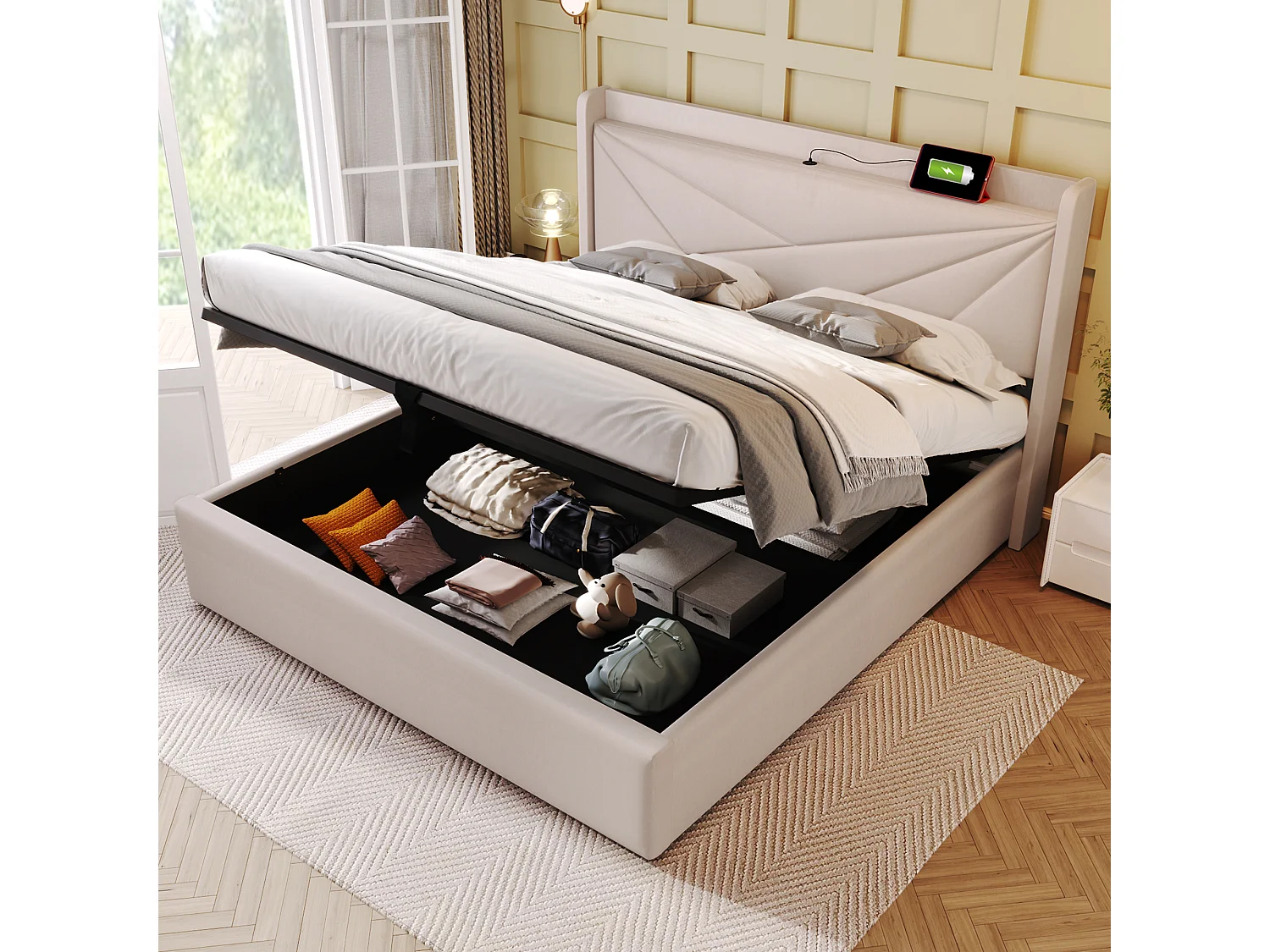 Lit avec rangement - 180x200 cm - Lit double avec fonction de charge USB Type C, tête de lit - matière lin - beige