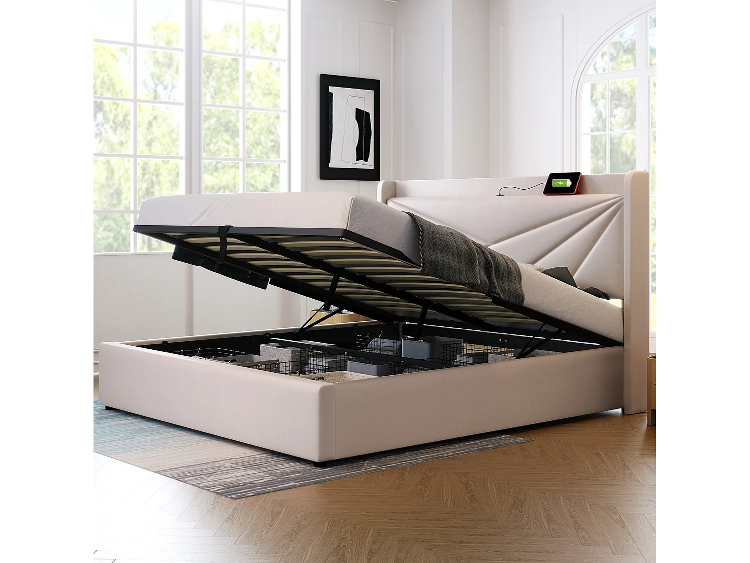 Lit avec rangement - 180x200 cm - Lit double avec fonction de charge USB Type C, tête de lit - matière lin - beige