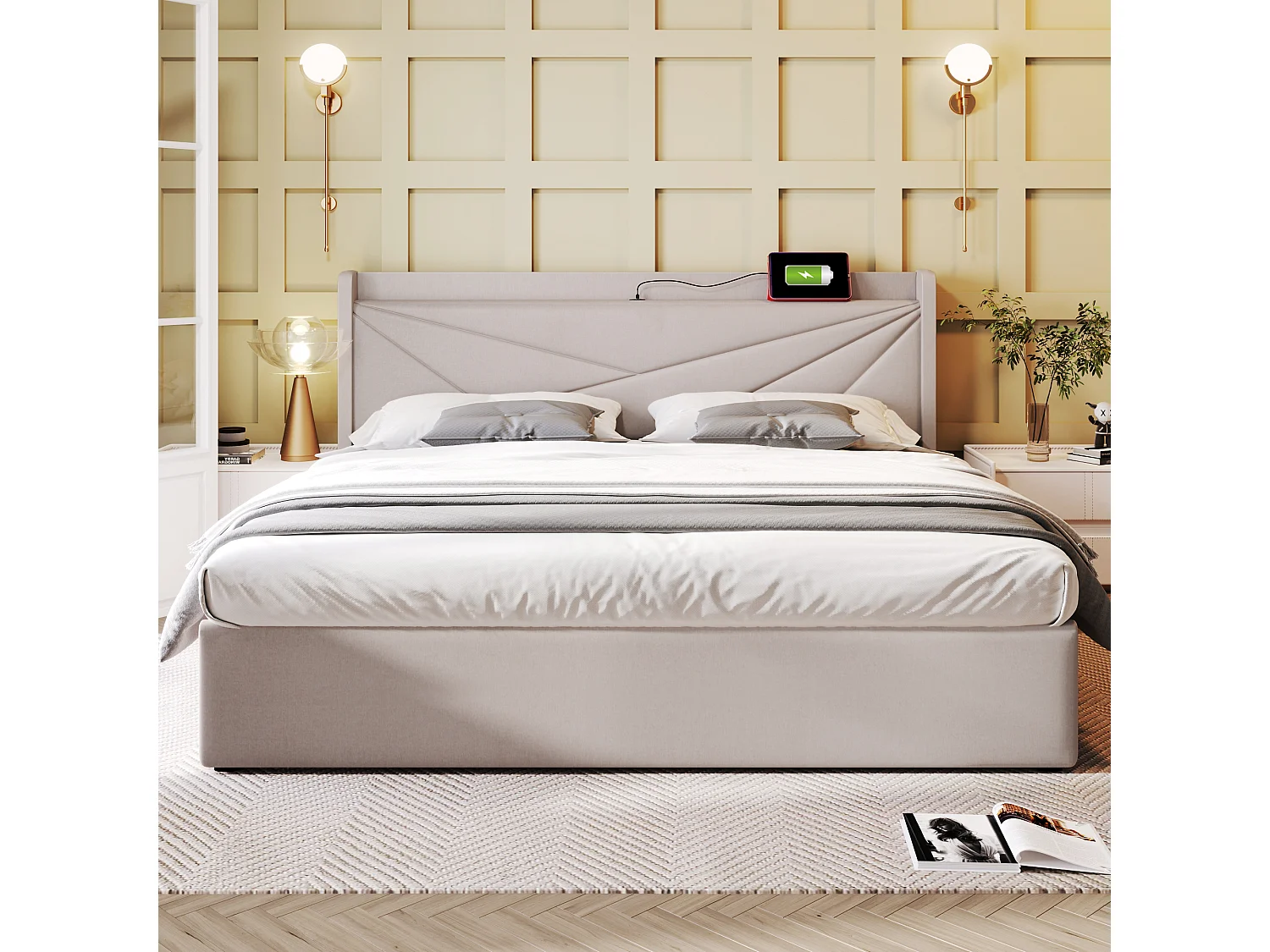 Lit avec rangement - 180x200 cm - Lit double avec fonction de charge USB Type C, tête de lit - matière lin - beige