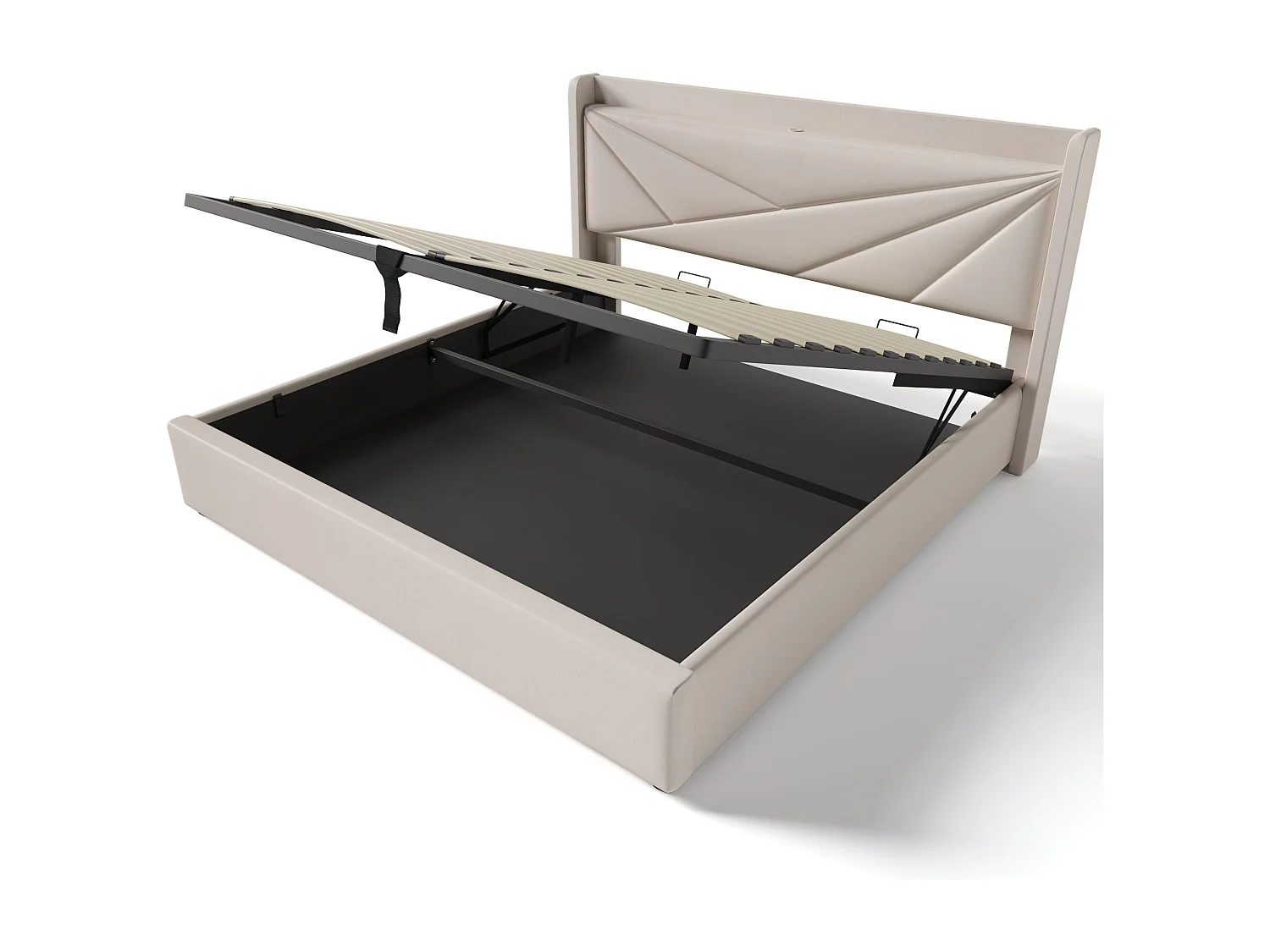 Lit avec rangement - 180x200 cm - Lit double avec fonction de charge USB Type C, tête de lit - matière lin - beige