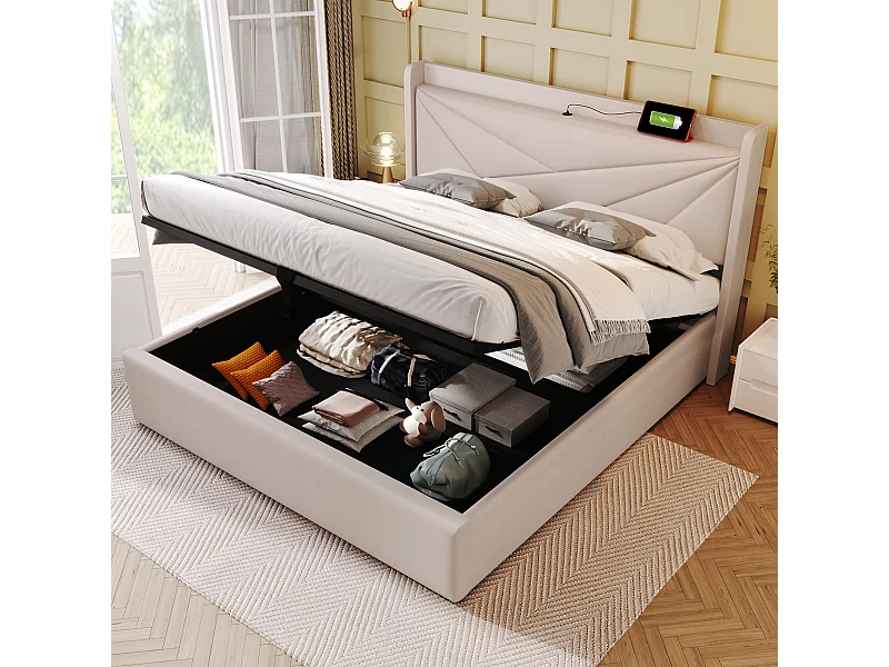 Lit avec rangement - 180x200 cm - Lit double avec fonction de charge USB Type C, tête de lit - matière lin - beige