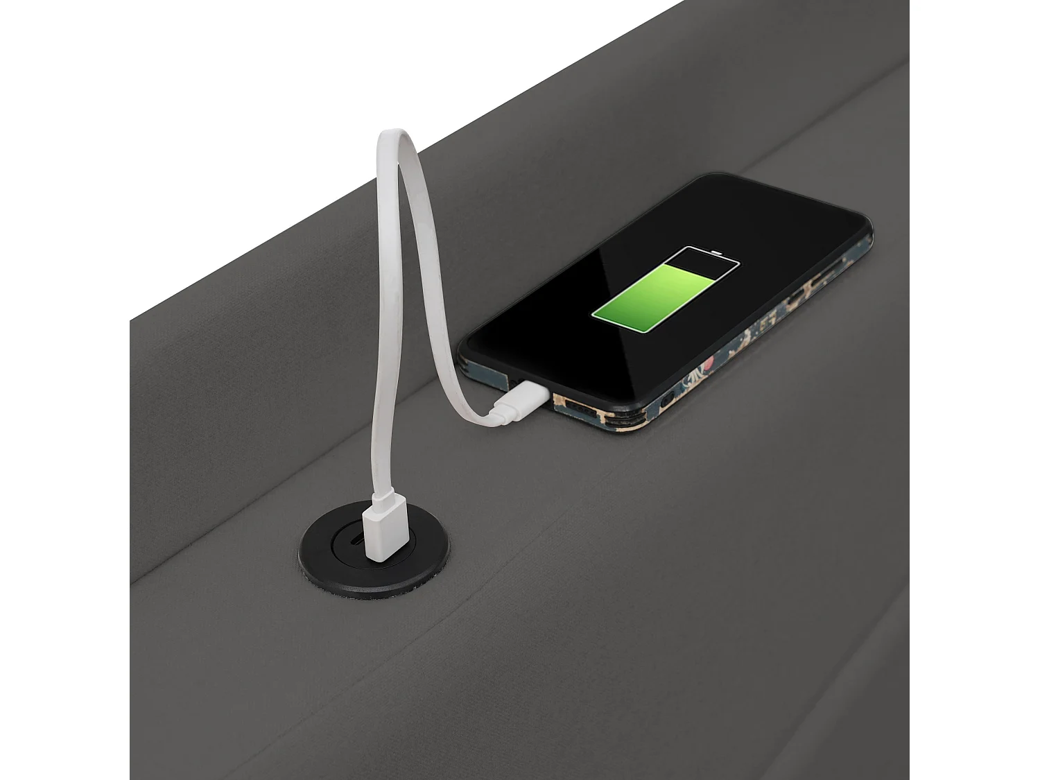 Lit avec rangement - 140x200 cm - Lit double avec fonction de charge USB Type C, tête de lit - matière lin - gris