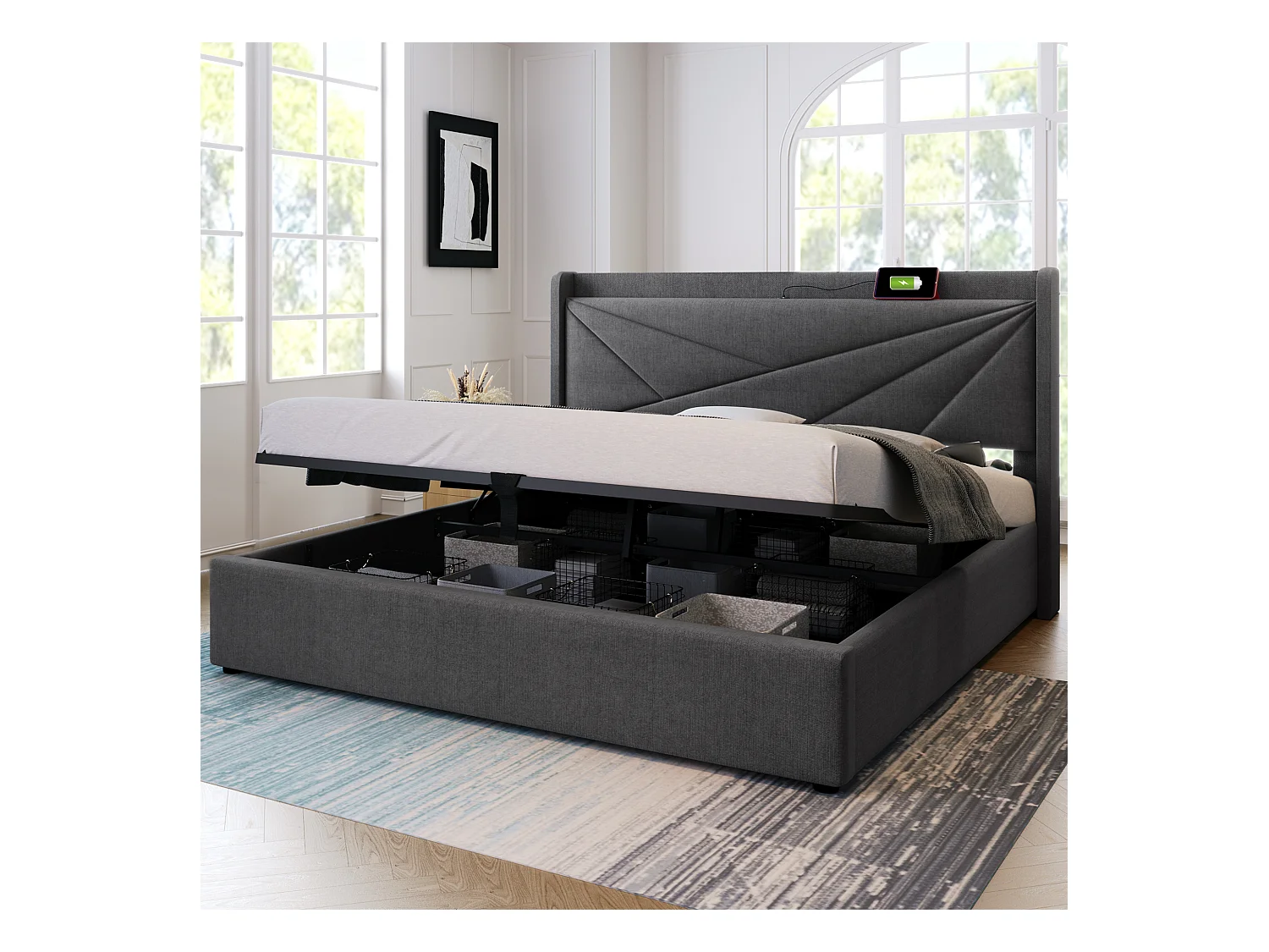 Bett mit Stauraum - 140x200 cm - Doppelbett mit USB Typ C Ladefunktion Kopfteil - Leinenmaterial - Grau
