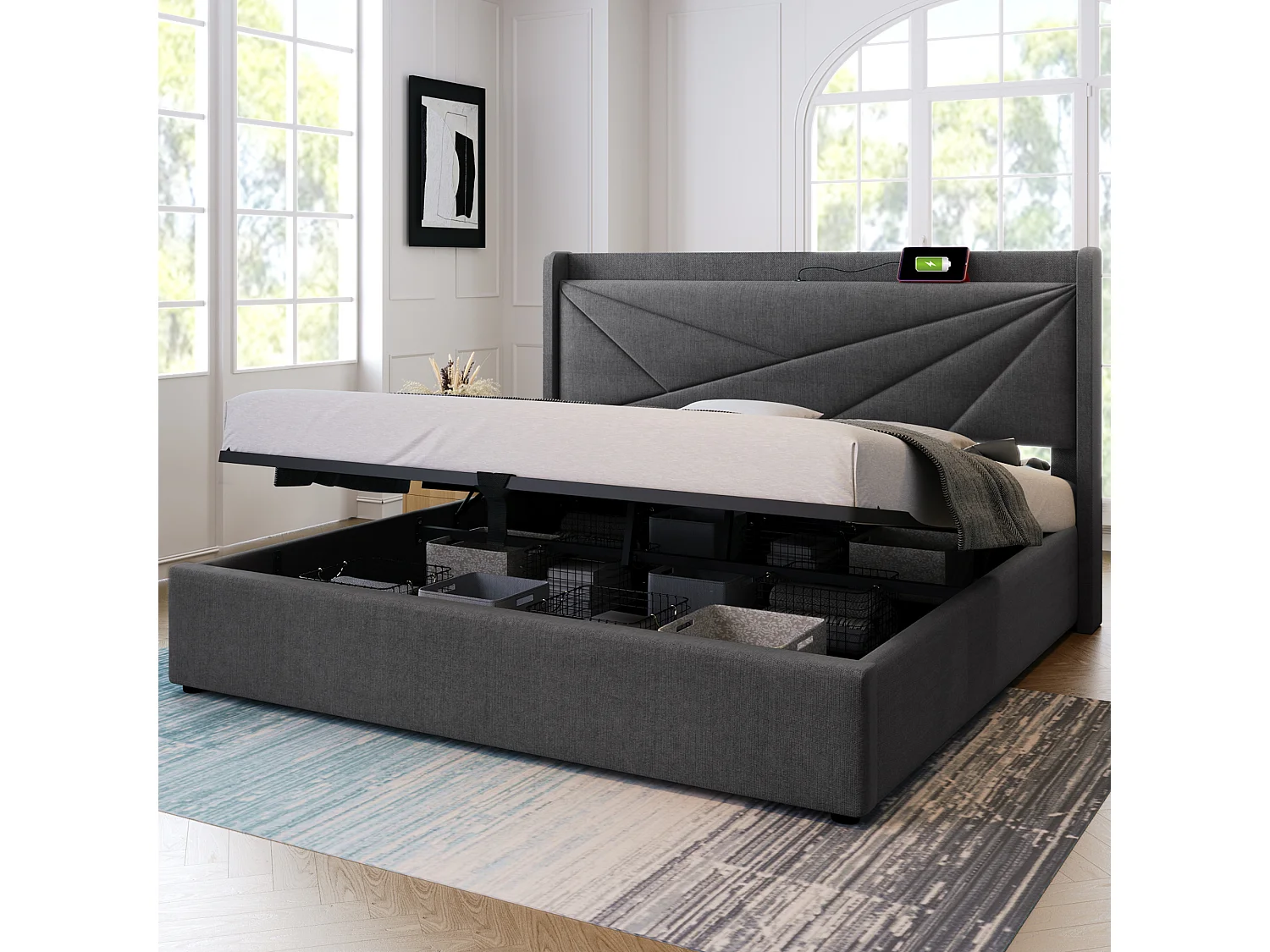 Lit avec rangement - 140x200 cm - Lit double avec fonction de charge USB Type C, tête de lit - matière lin - gris