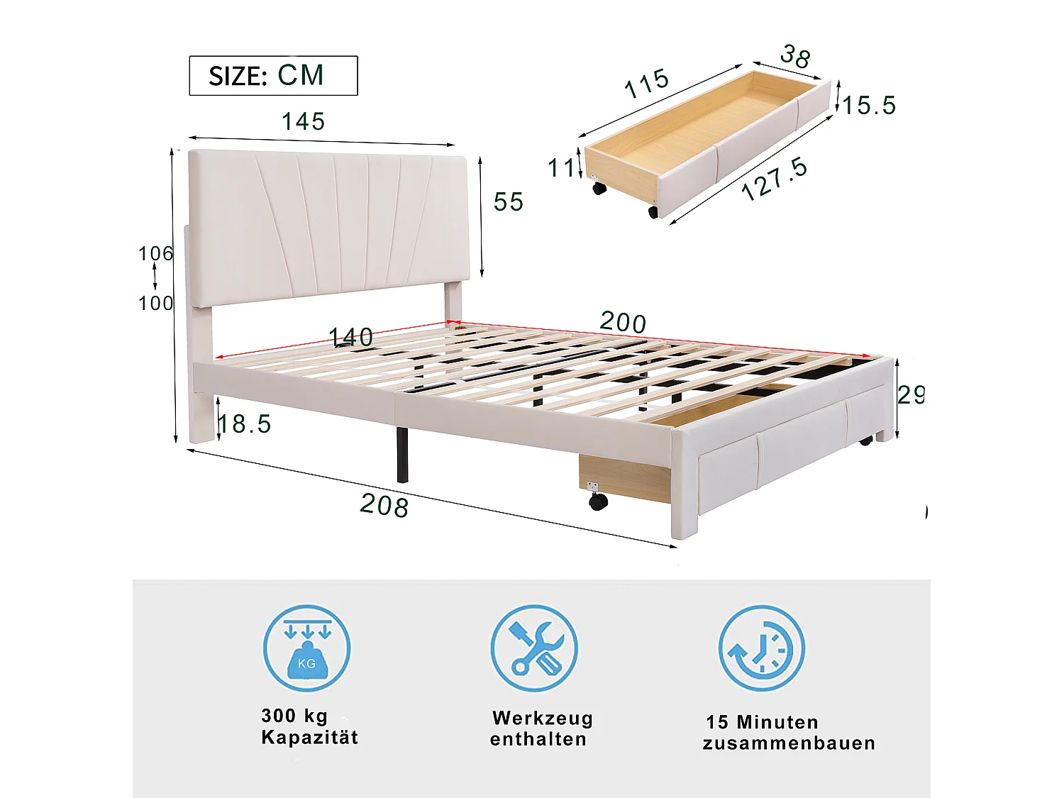 Lit double 140x200 cm - Lit tapissé avec sommier à lattes, dossier et grand tiroir - Tissu velours - Beige