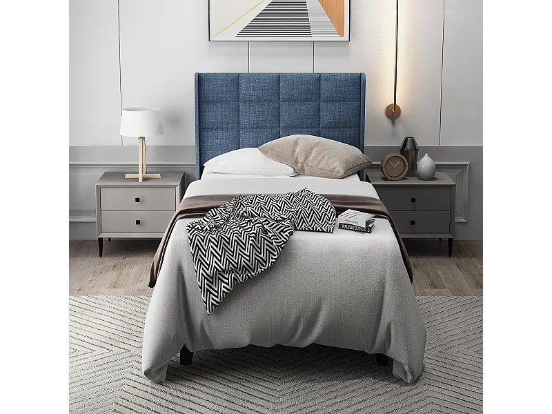 Lit capitonné 90x200 cm - Lit jeune avec tête de lit capitonnée et sommier à lattes - Lin - Bleu