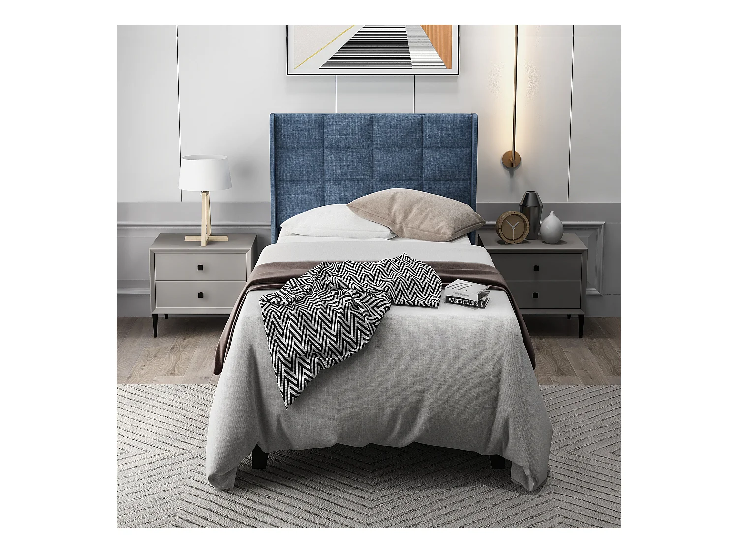 Lit capitonné 90x200 cm - Lit jeune avec tête de lit capitonnée et sommier à lattes - Lin - Bleu