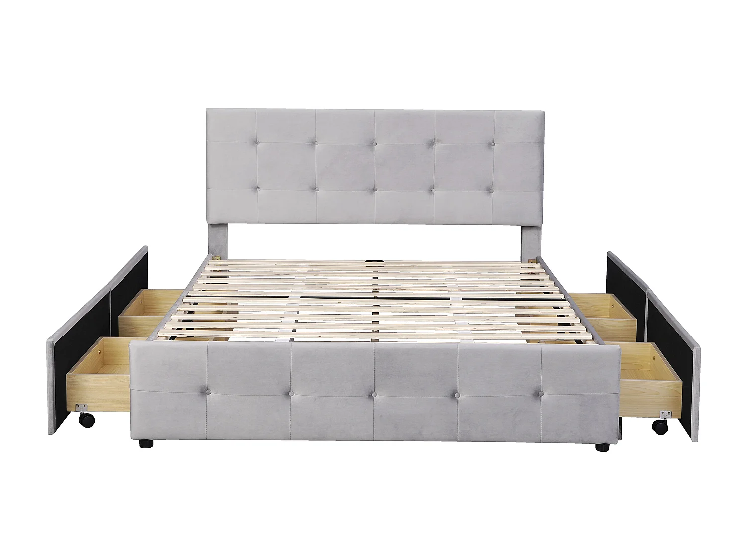 Lit capitonné 140x200 cm - Lit enfant 4 tiroirs - Lit double - Gris - Tissu velours