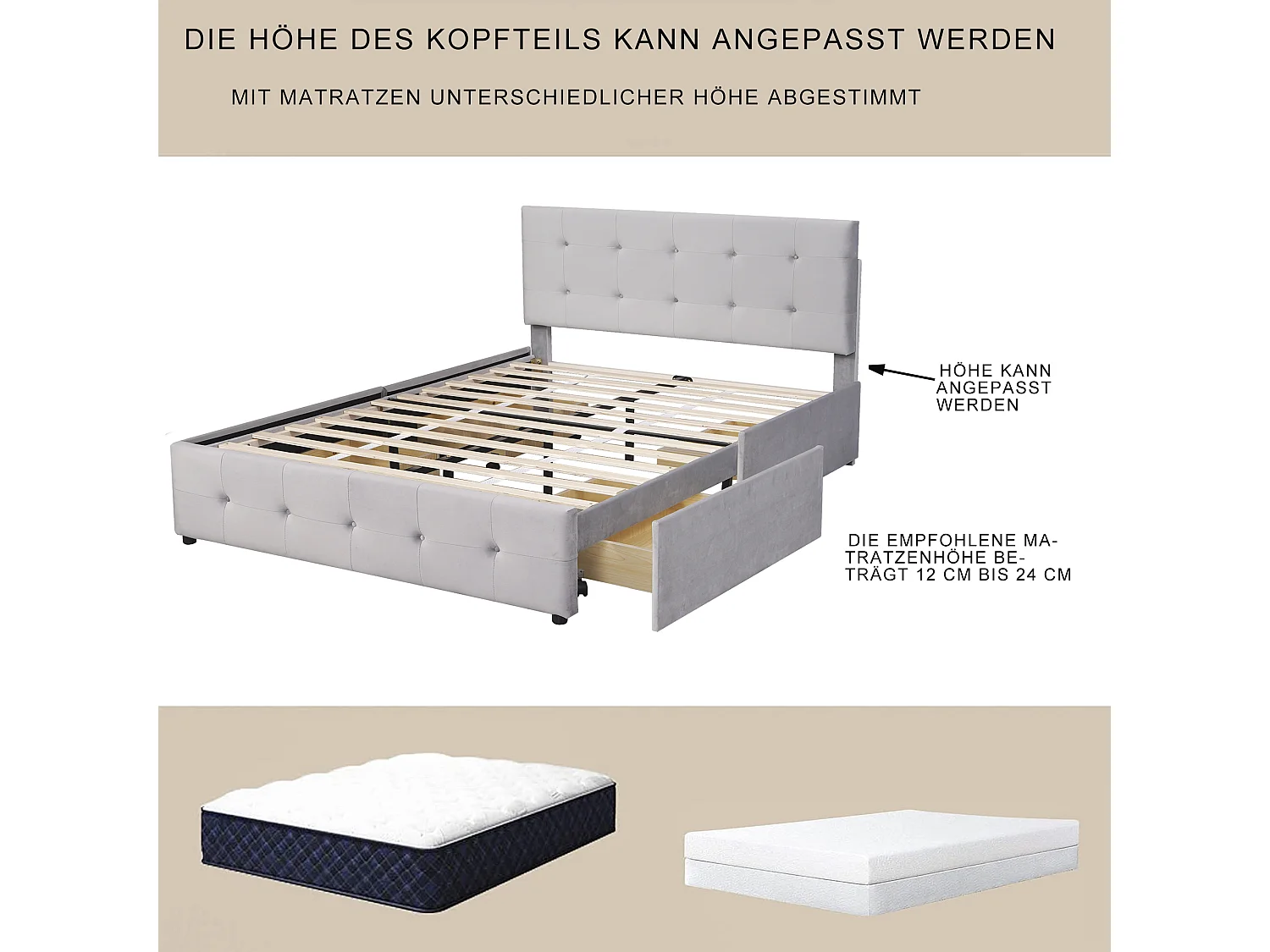 Lit capitonné 140x200 cm - Lit enfant 4 tiroirs - Lit double - Gris - Tissu velours