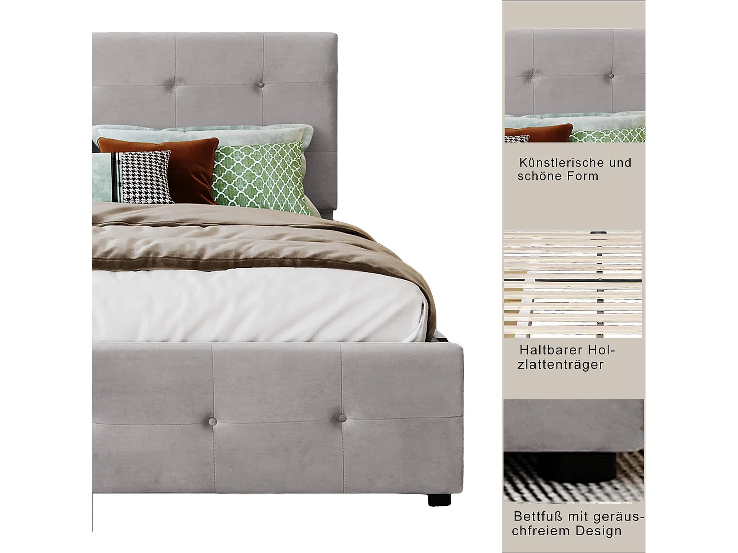 Lit capitonné 140x200 cm - Lit enfant 4 tiroirs - Lit double - Gris - Tissu velours