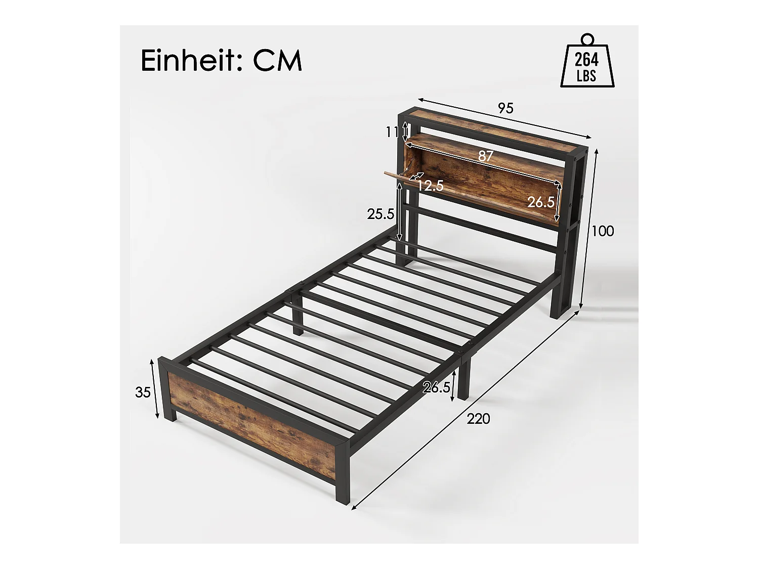 Metallbett - Einzelbett 90x200 cm mit Stauraum-Kopfteil und Metall Lattenrost, Braun