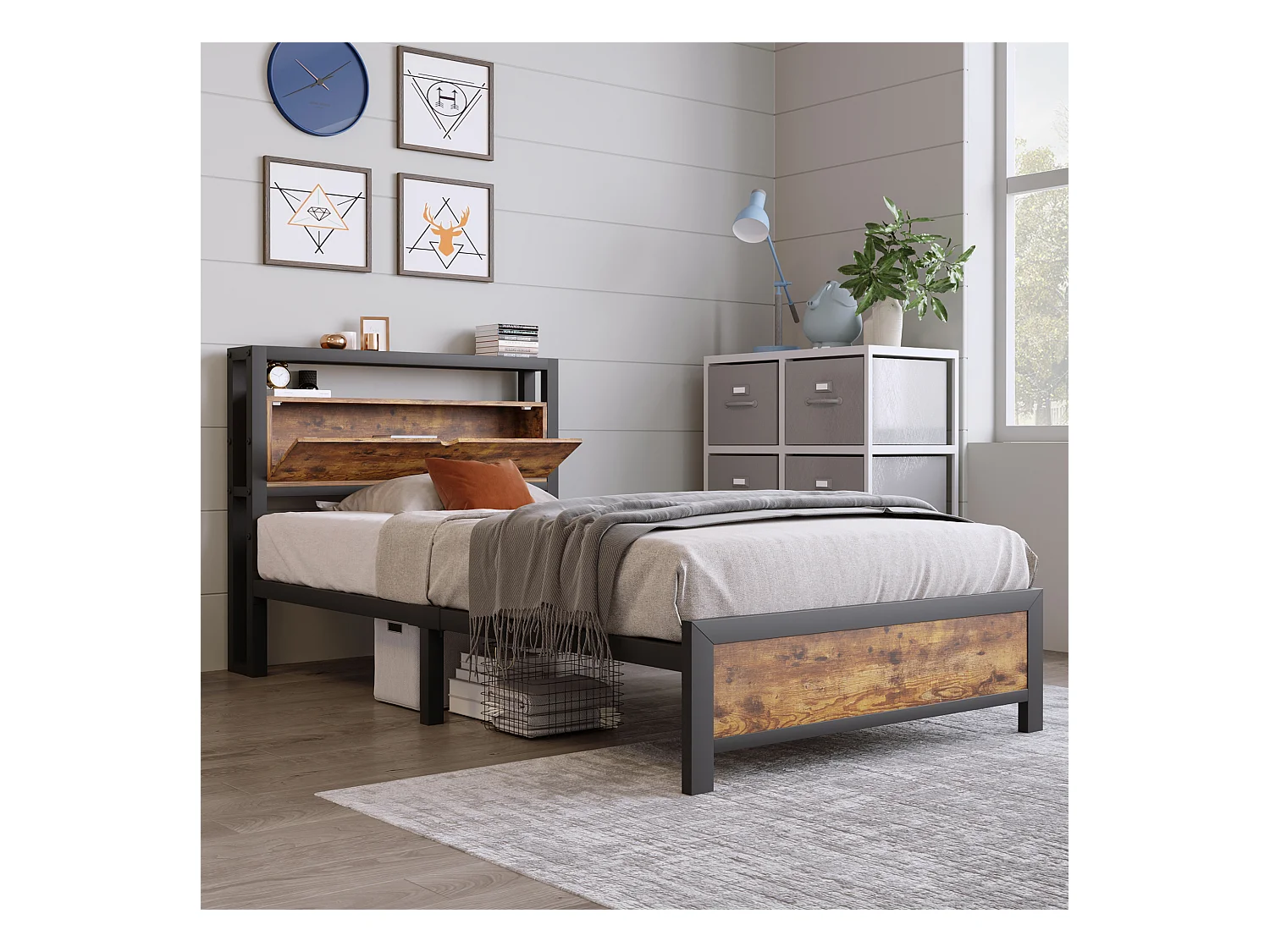 Metallbett - Einzelbett 90x200 cm mit Stauraum-Kopfteil und Metall Lattenrost, Braun