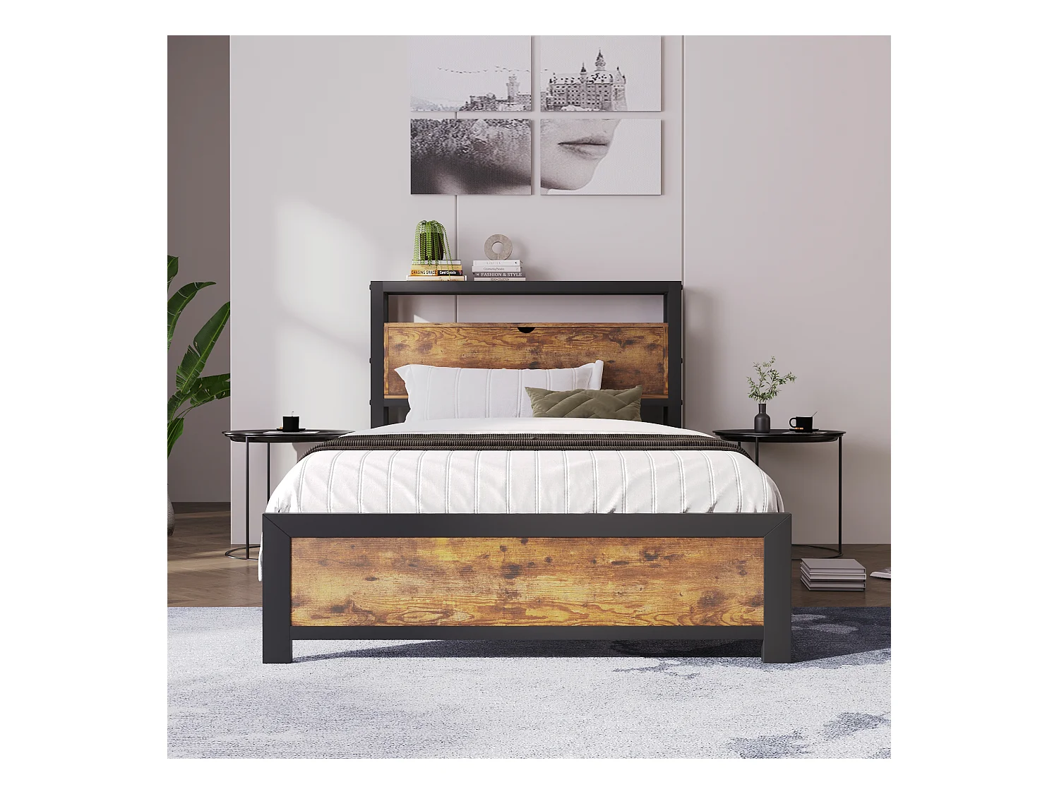 Metallbett - Einzelbett 90x200 cm mit Stauraum-Kopfteil und Metall Lattenrost, Braun