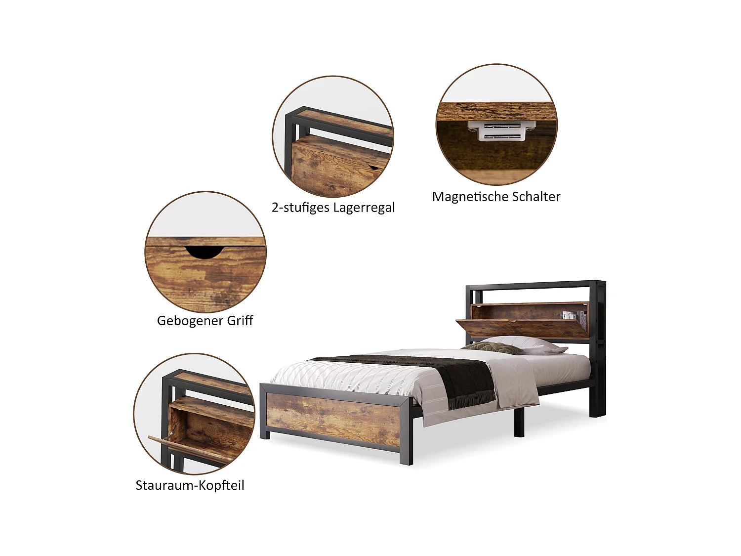 Metallbett - Einzelbett 90x200 cm mit Stauraum-Kopfteil und Metall Lattenrost, Braun