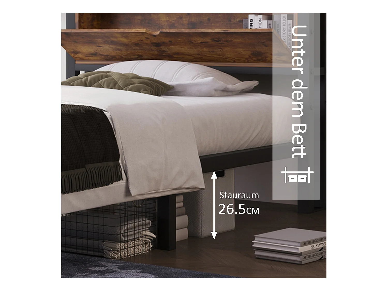 Metallbett - Einzelbett 90x200 cm mit Stauraum-Kopfteil und Metall Lattenrost, Braun