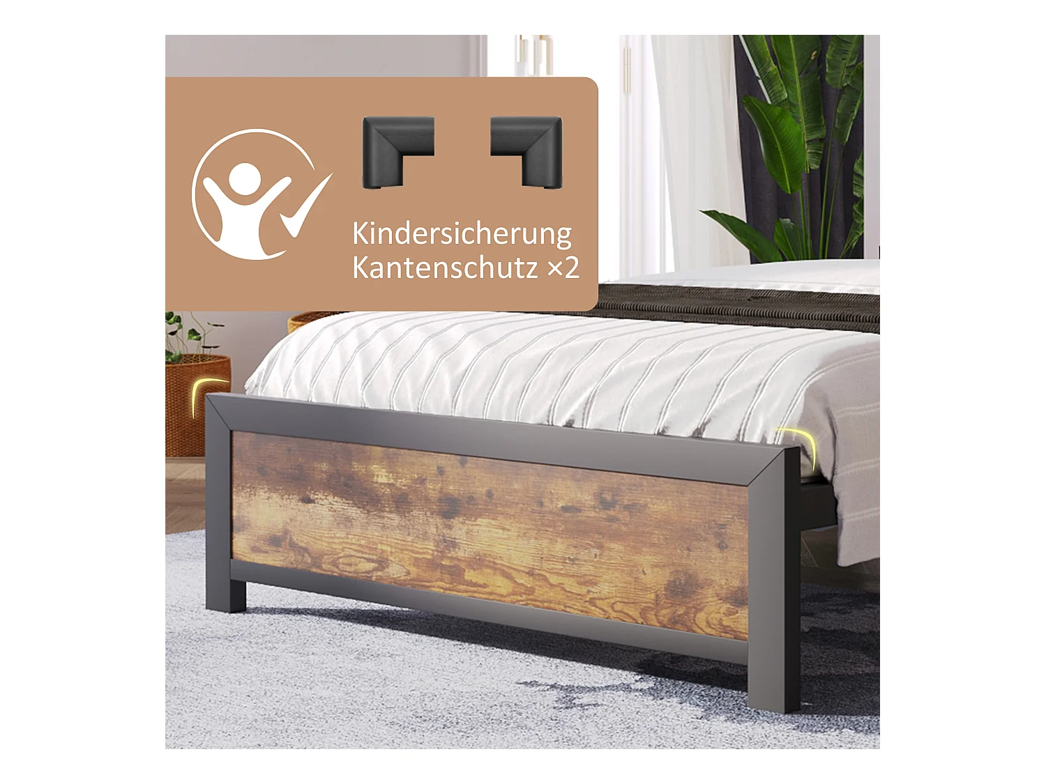 Metallbett - Einzelbett 90x200 cm mit Stauraum-Kopfteil und Metall Lattenrost, Braun