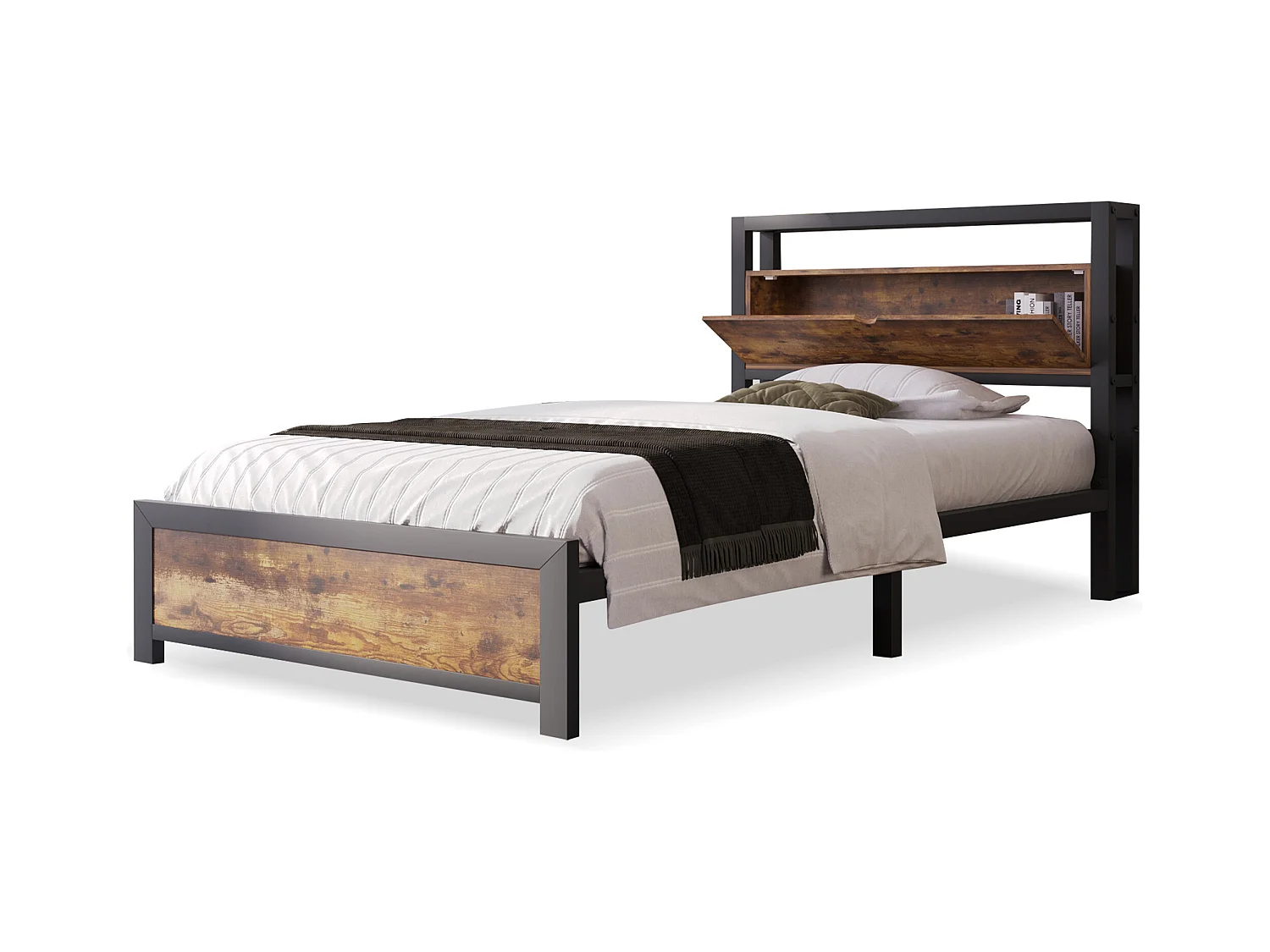 Metallbett - Einzelbett 90x200 cm mit Stauraum-Kopfteil und Metall Lattenrost, Braun