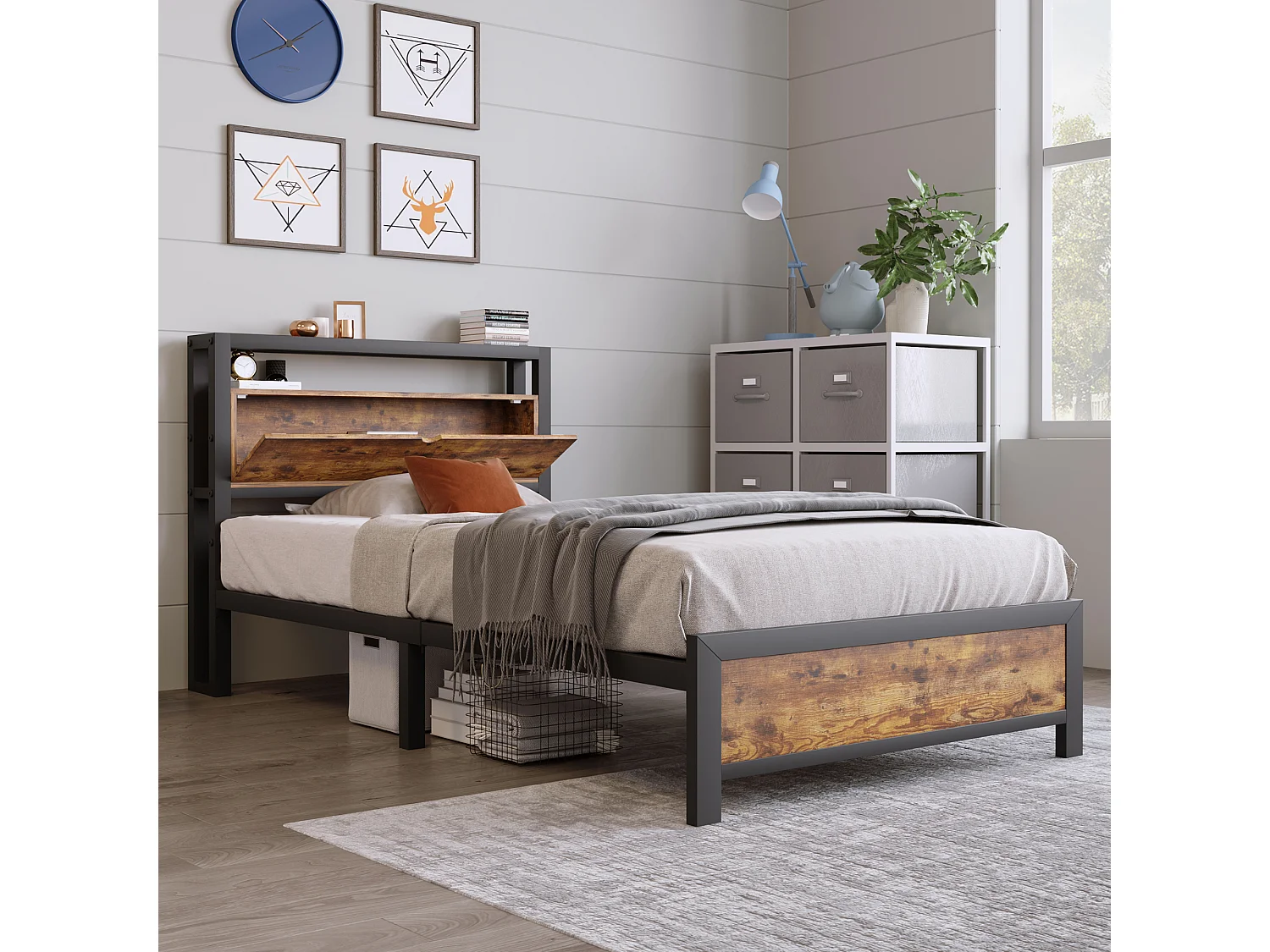 Metallbett - Einzelbett 90x200 cm mit Stauraum-Kopfteil und Metall Lattenrost, Braun