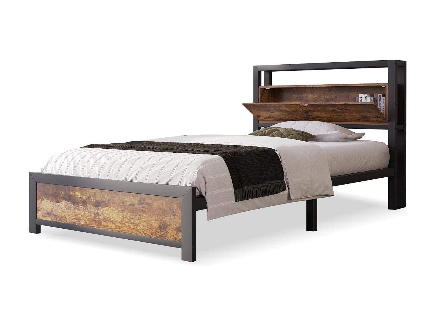 Metallbett - Einzelbett 90x200 cm mit Stauraum-Kopfteil und Metall Lattenrost, Braun