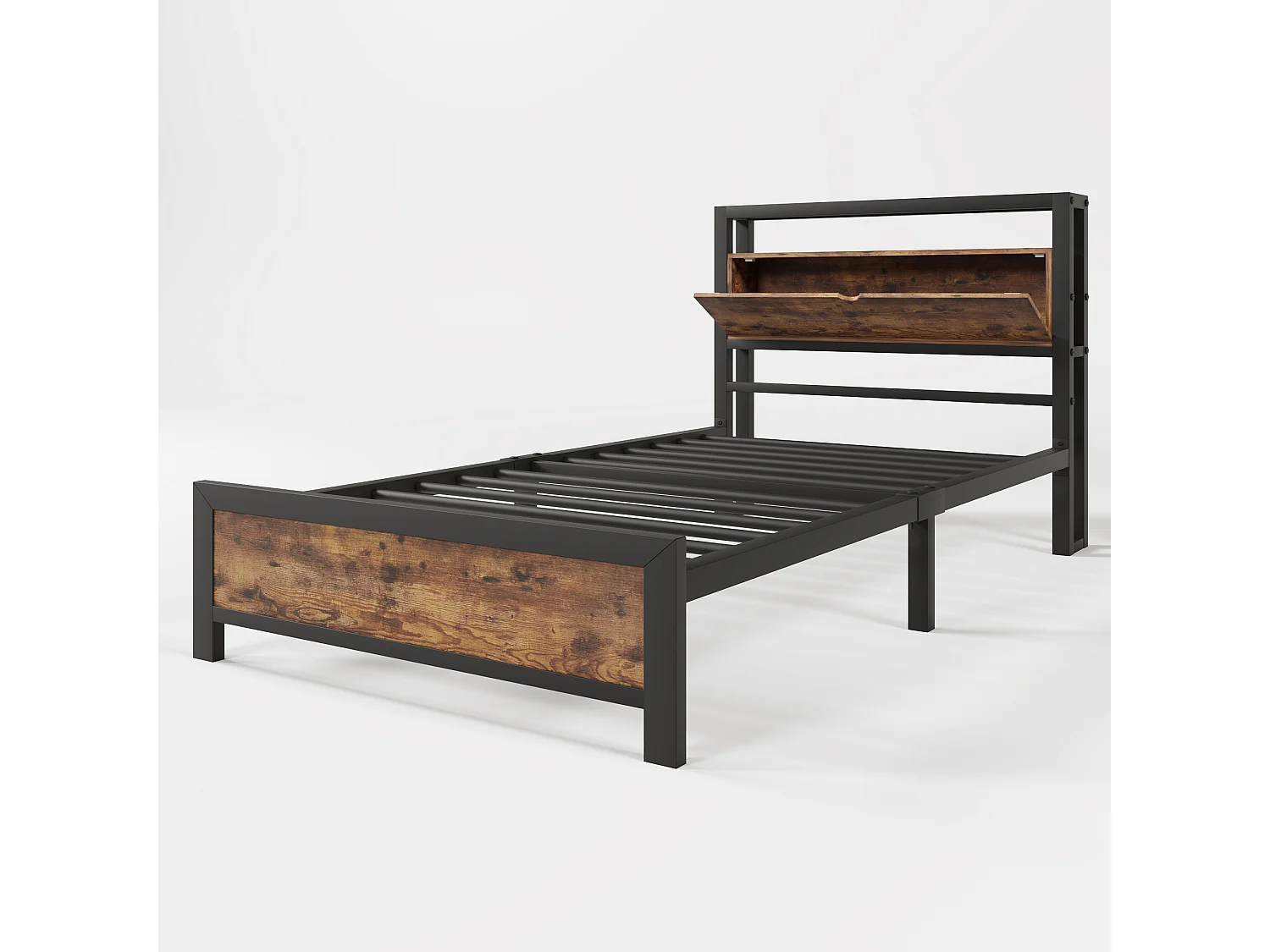 Metallbett - Einzelbett 90x200 cm mit Stauraum-Kopfteil und Metall Lattenrost, Braun