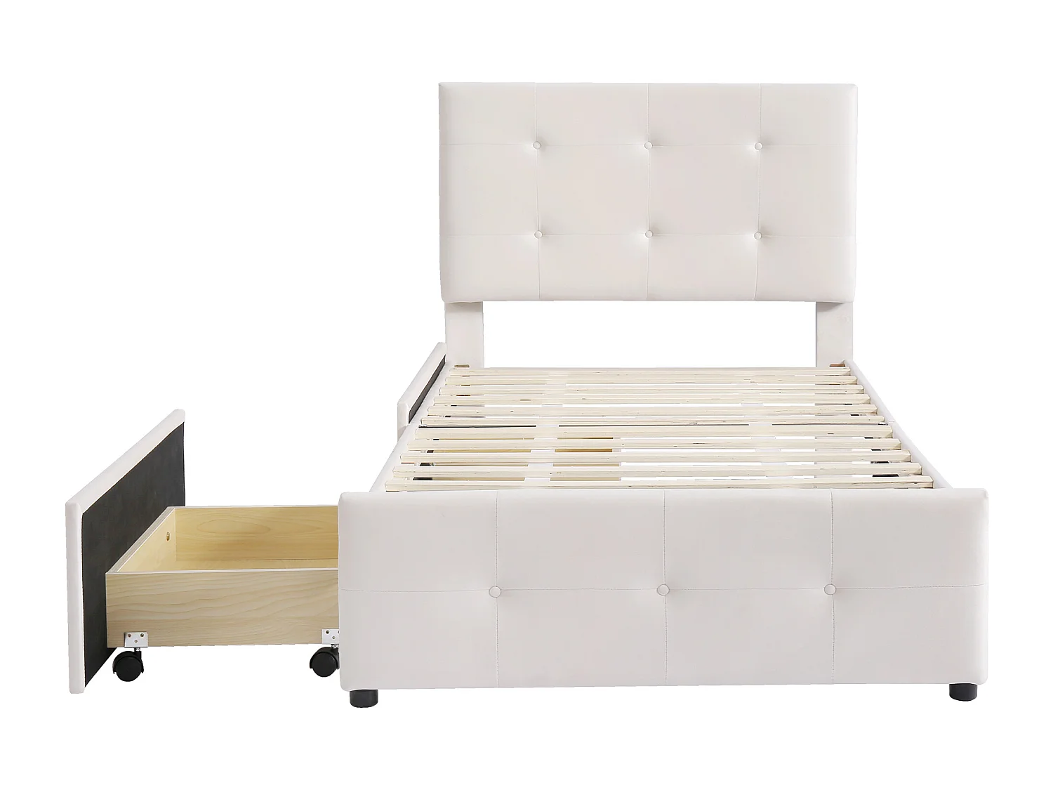 Lit capitonné 90x200 cm - Lit enfant 2 tiroirs - Lit simple - Beige - Tissu velours