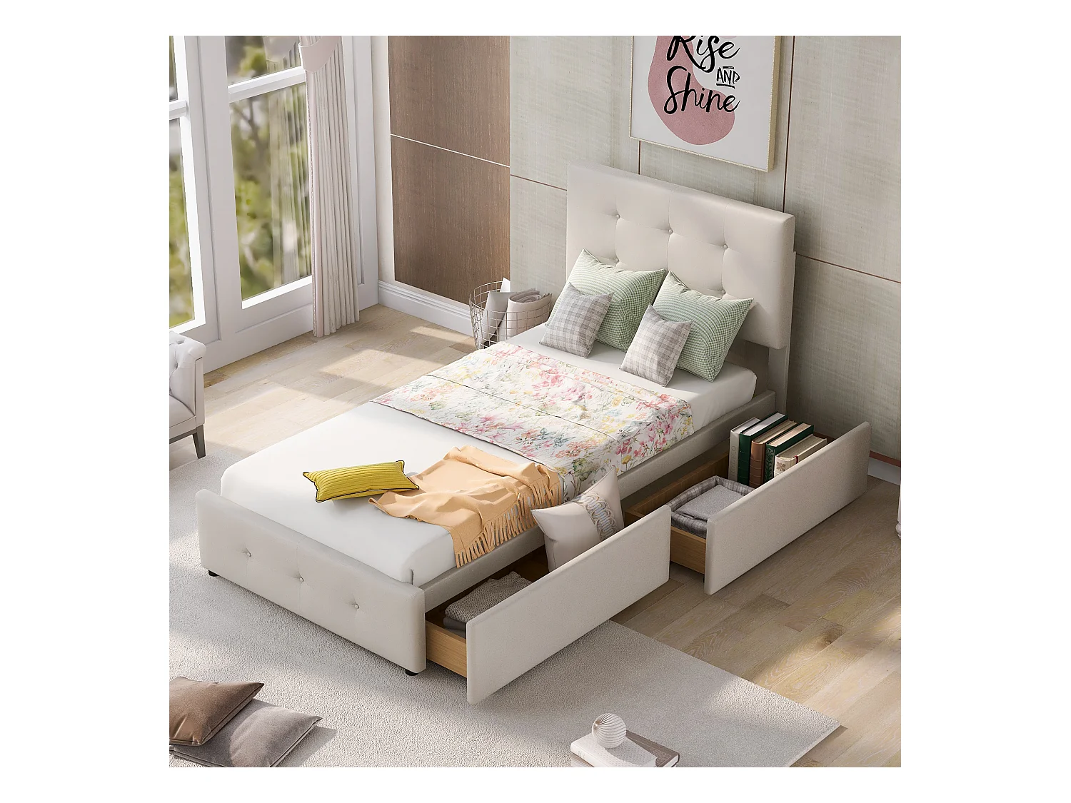 Lit capitonné 90x200 cm - Lit enfant 2 tiroirs - Lit simple - Beige - Tissu velours