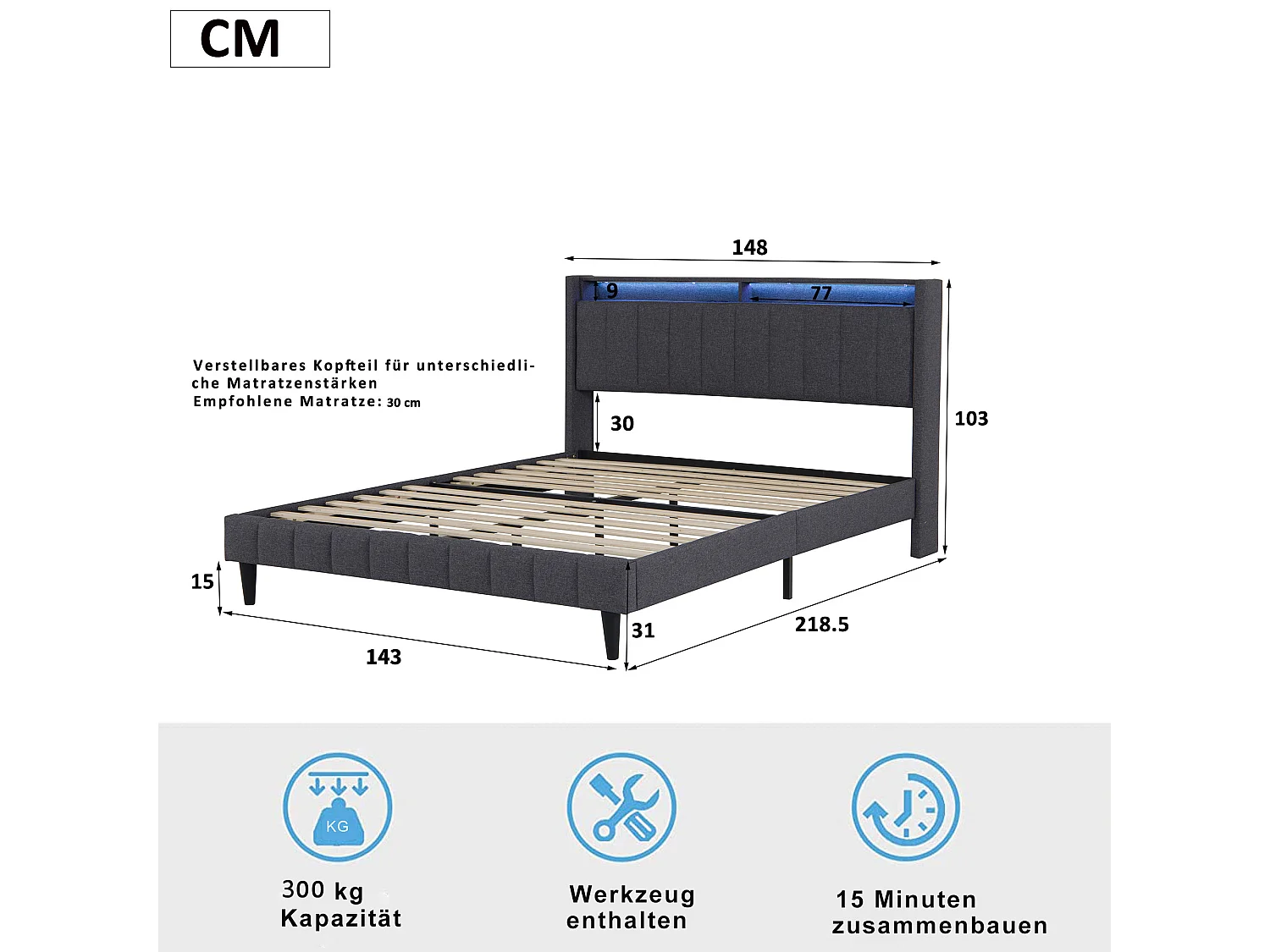 Lit capitonné 140x200 cm - Lit double avec éclairage LED et USB - Tête de lit avec rangement - Gris - Tissu lin