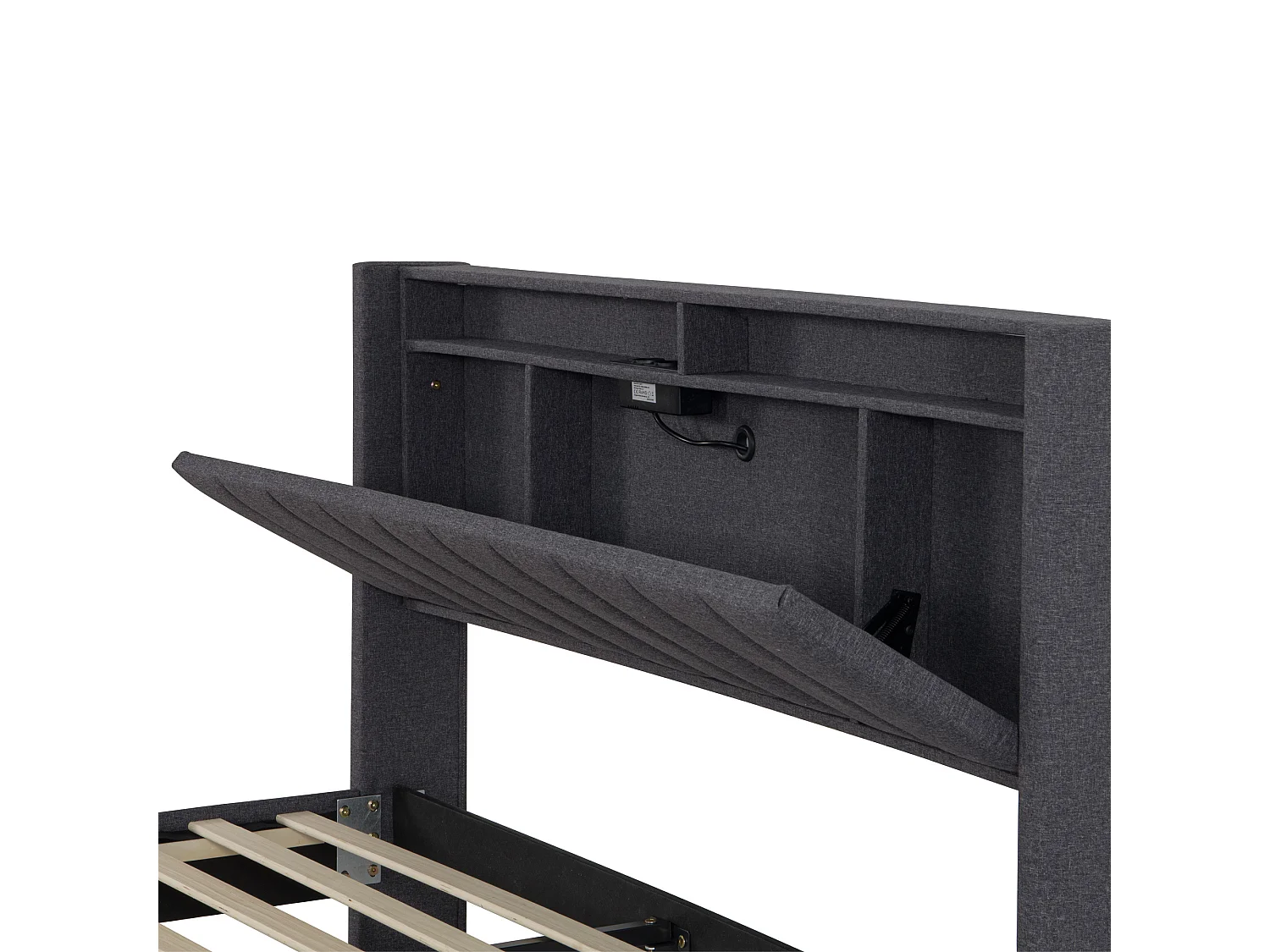 Lit capitonné 140x200 cm - Lit double avec éclairage LED et USB - Tête de lit avec rangement - Gris - Tissu lin