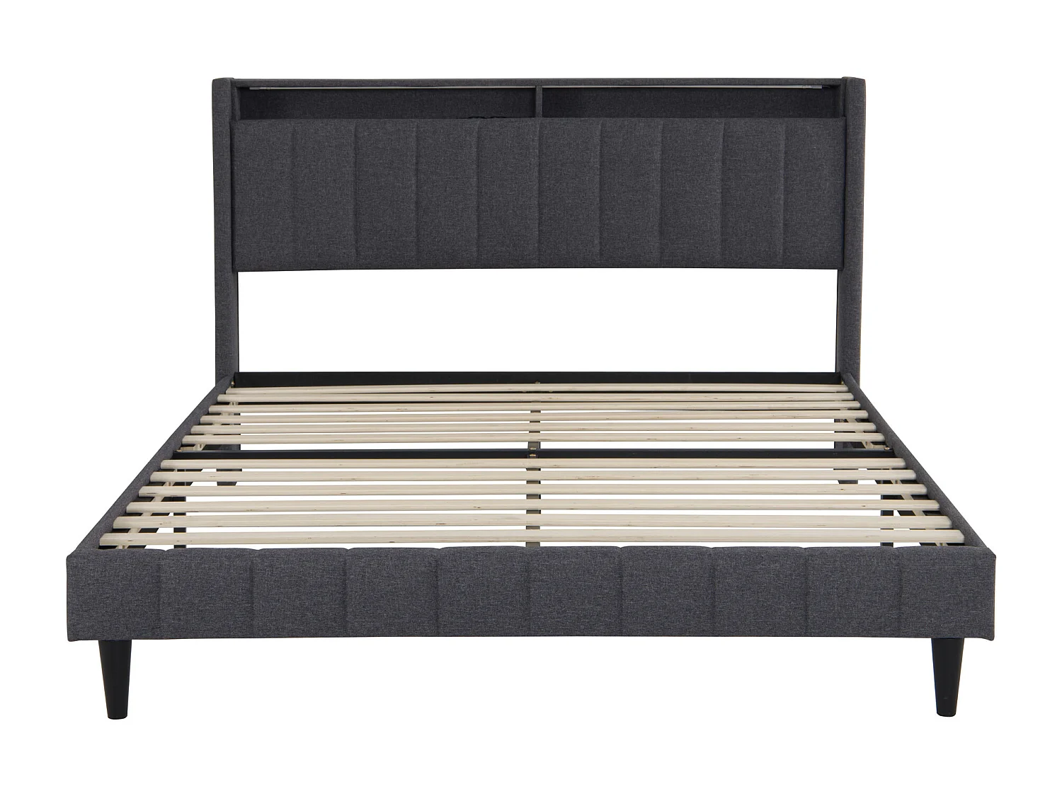 Lit capitonné 140x200 cm - Lit double avec éclairage LED et USB - Tête de lit avec rangement - Gris - Tissu lin