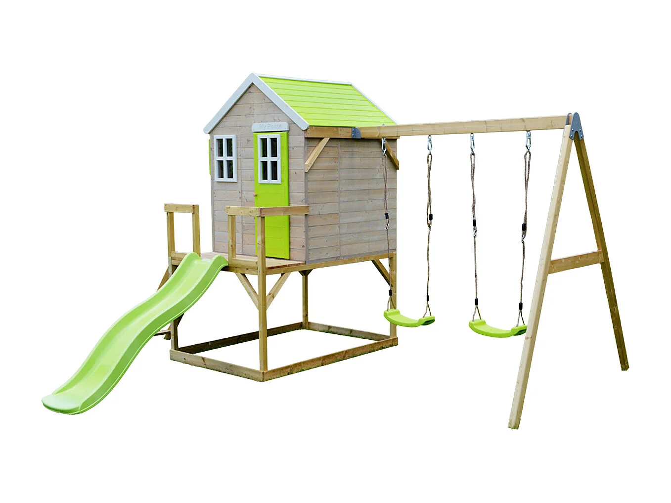 Kangui - Maison de jardin enfant extérieurs avec plateforme, toboggan et double balançoire - Toit étanche - Vert et Blanc