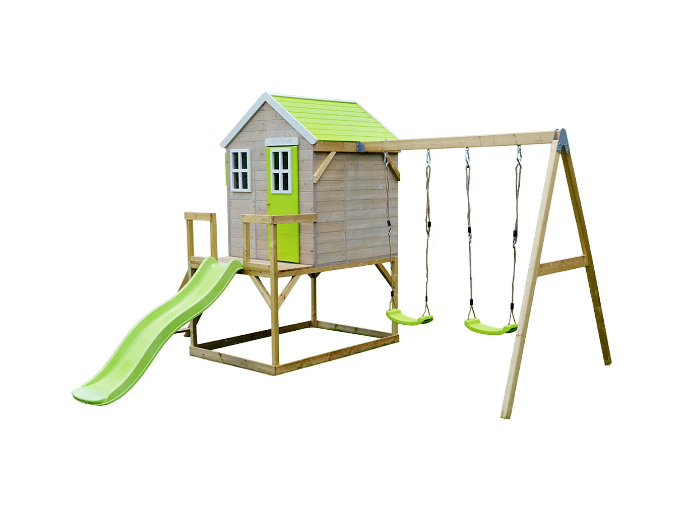 Kangui - Maison de jardin enfant extérieurs avec plateforme, toboggan et double balançoire - Toit étanche - Vert et Blanc
