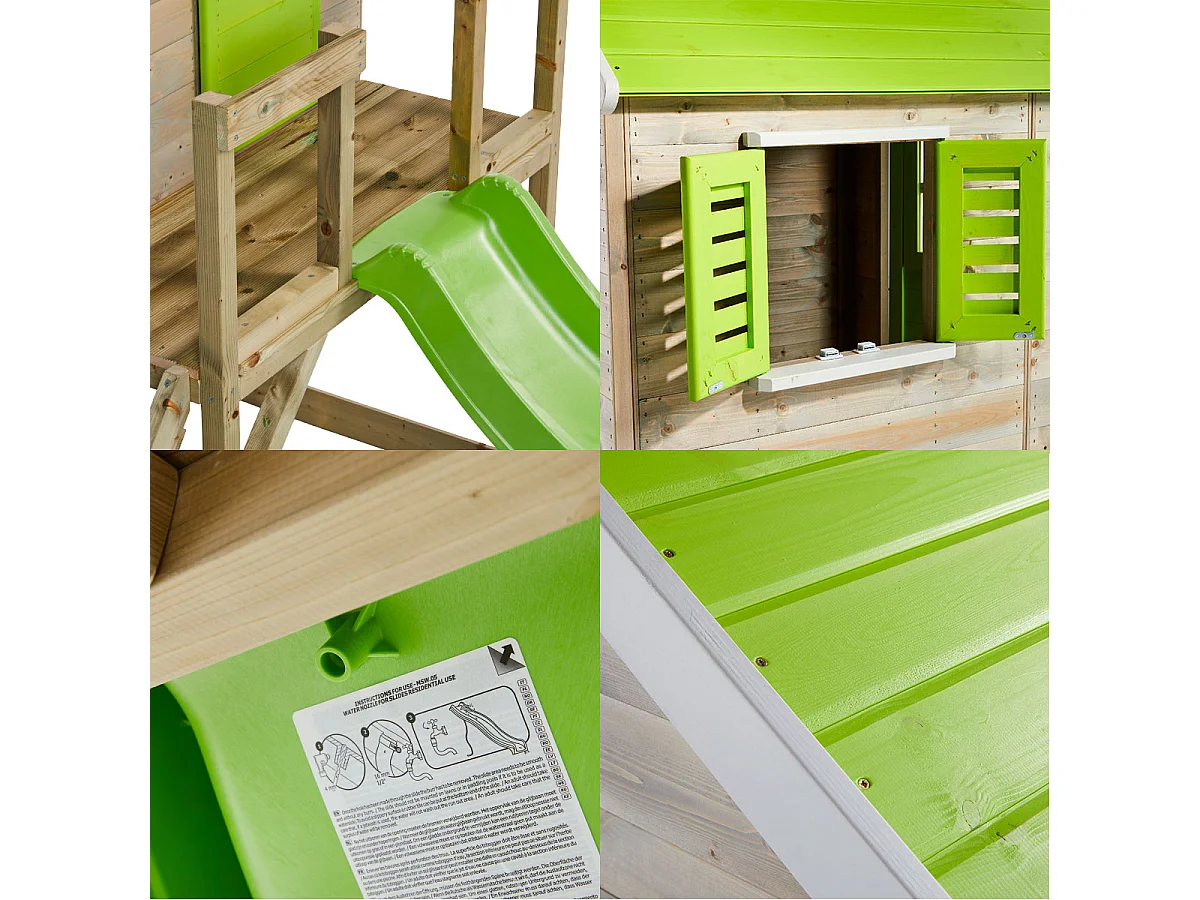 Kangui - Maison de jardin enfant extérieurs avec plateforme, toboggan et double balançoire - Toit étanche - Vert et Blanc