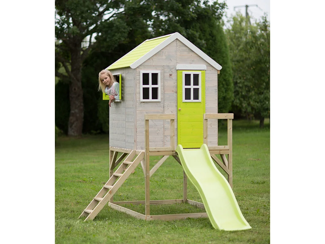 Kangui - Maison de jardin enfant extérieurs avec plateforme, toboggan et double balançoire - Toit étanche - Vert et Blanc