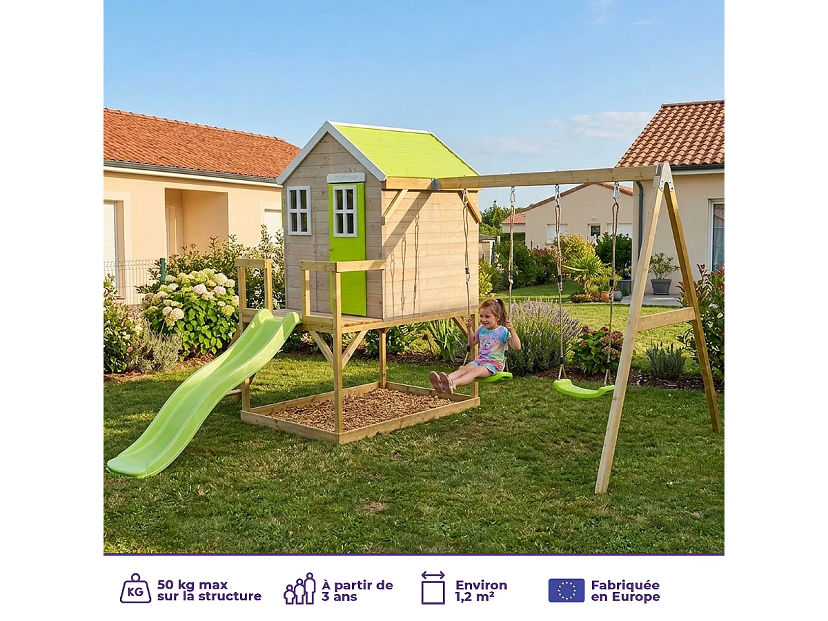 KANGUI Maisonnette Enfant Extérieur en Bois TINNI avec plateforme, toboggan et double balançoire - Toit Étanche - Vert & Blanc