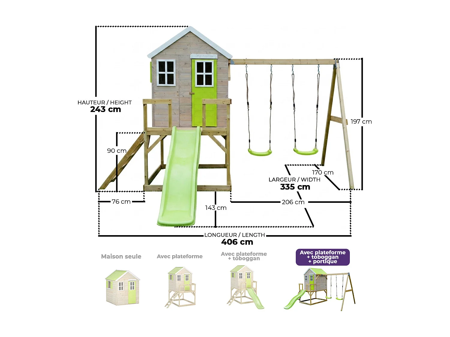 KANGUI Maisonnette Enfant Extérieur en Bois TINNI avec plateforme, toboggan et double balançoire - Toit Étanche - Vert & Blanc