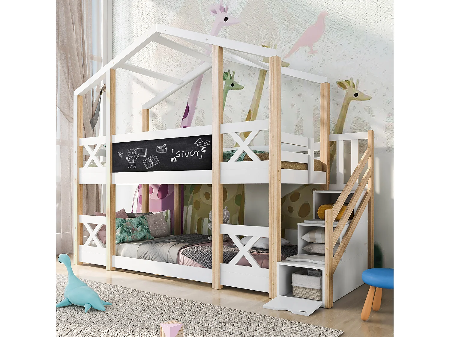 Etagenbett 90x200 cm - Kinderbett Baumhaus mit Schublade & Leiter, Rausfallschutz für 2 Kinder - Kieferholz - Natur & Weiß