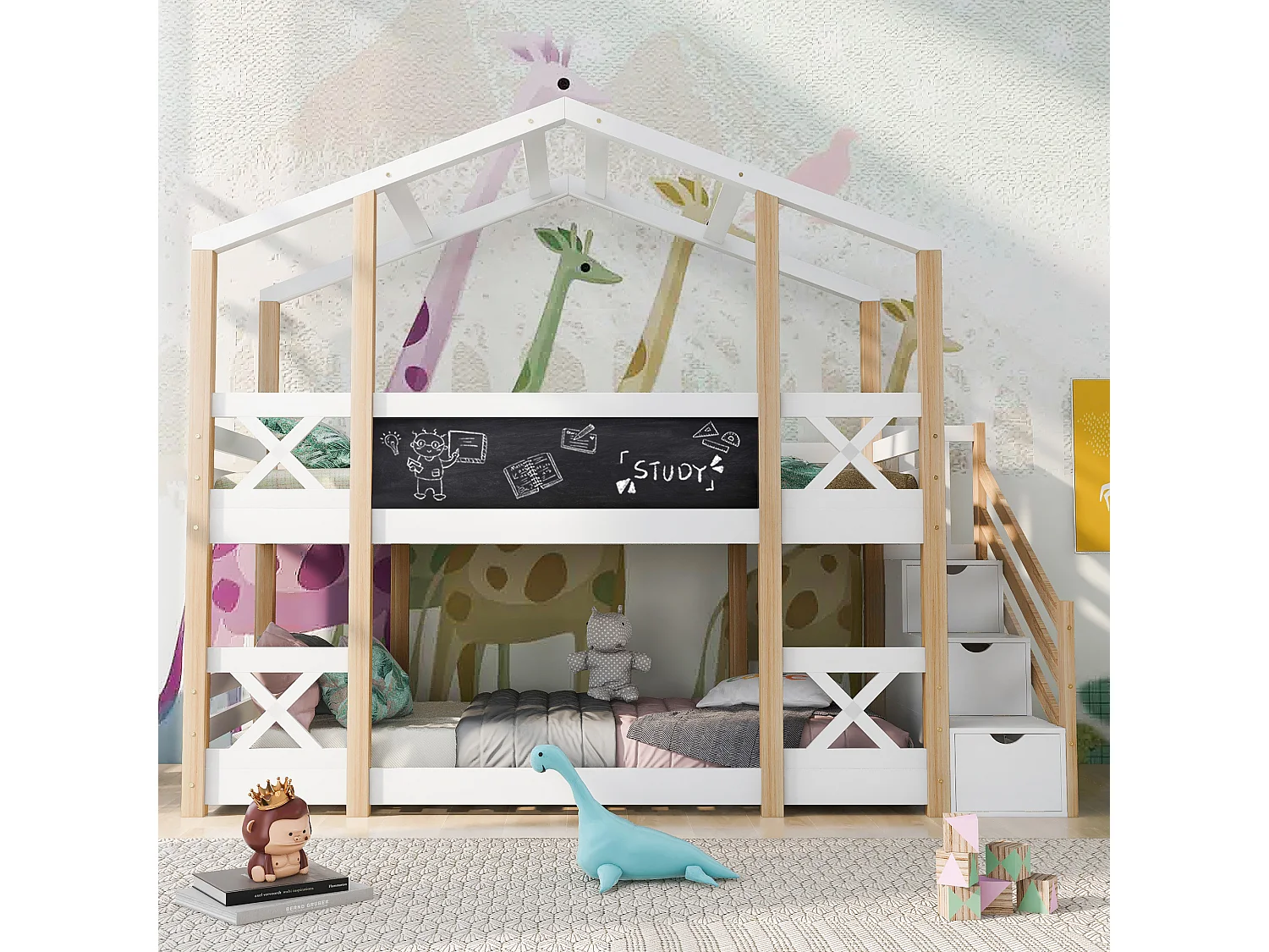 Etagenbett 90x200 cm - Kinderbett Baumhaus mit Schublade & Leiter, Rausfallschutz für 2 Kinder - Kieferholz - Natur & Weiß