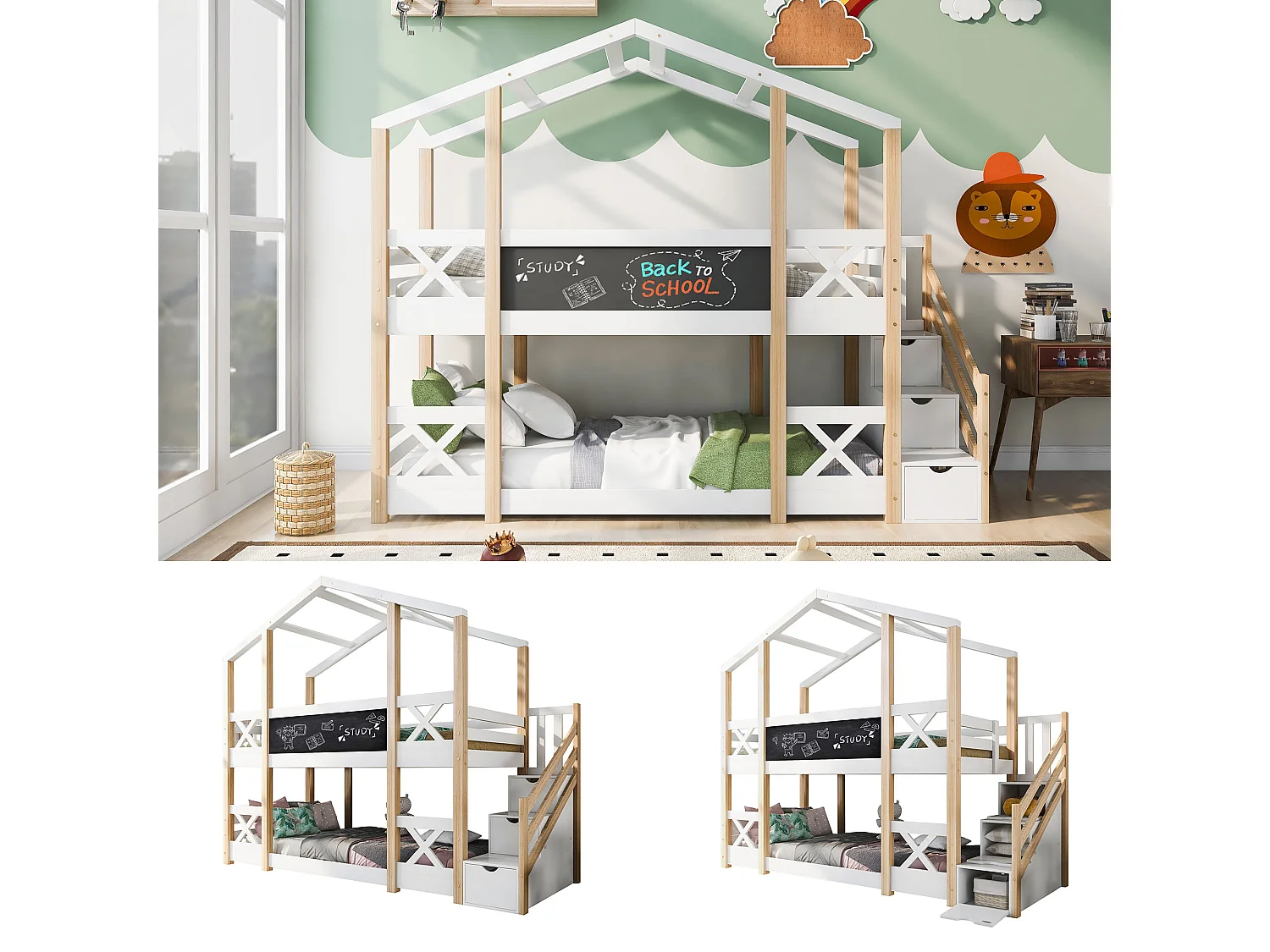 Etagenbett 90x200 cm - Kinderbett Baumhaus mit Schublade & Leiter, Rausfallschutz für 2 Kinder - Kieferholz - Natur & Weiß