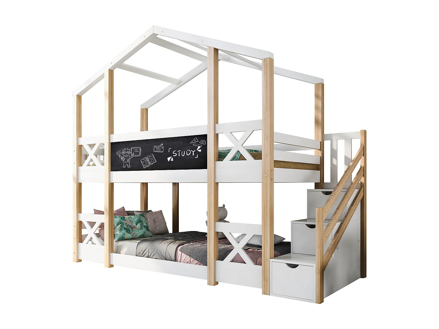 Etagenbett 90x200 cm - Kinderbett Baumhaus mit Schublade & Leiter, Rausfallschutz für 2 Kinder - Kieferholz - Natur & Weiß