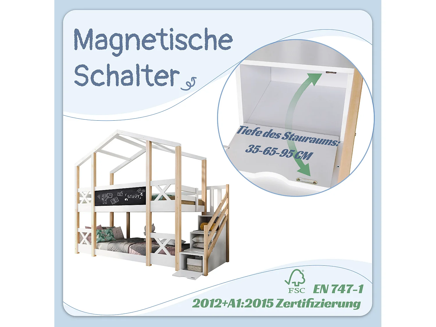 Etagenbett 90x200 cm - Kinderbett Baumhaus mit Schublade & Leiter, Rausfallschutz für 2 Kinder - Kieferholz - Natur & Weiß