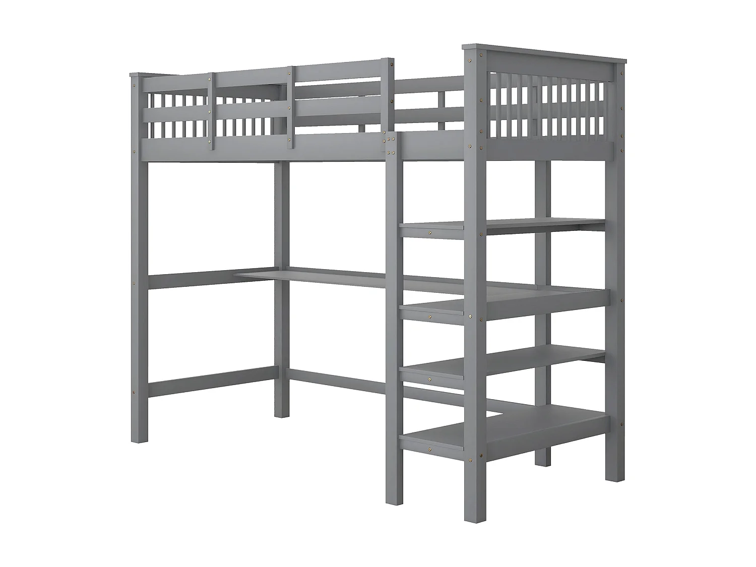 Kinderhochbett 90x200 cm - Holzbett mit Ablagefächern und Unterbettschreibtisch - Grau