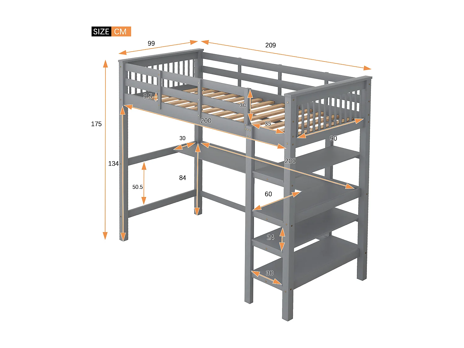 Kinderhochbett 90x200 cm - Holzbett mit Ablagefächern und Unterbettschreibtisch - Grau