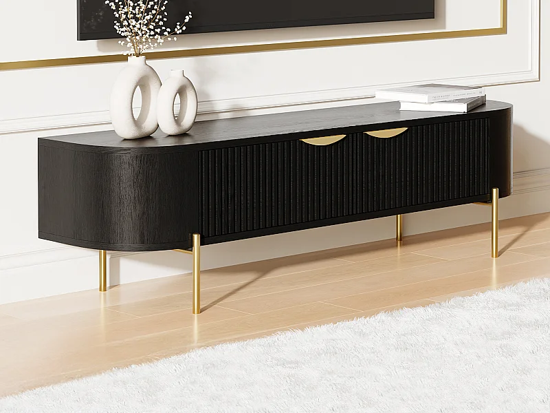 TV-Möbel mit 2 Türen - Mangoholz & goldfarbenes Metall - Schwarz - NEVILI von Maison Céphy