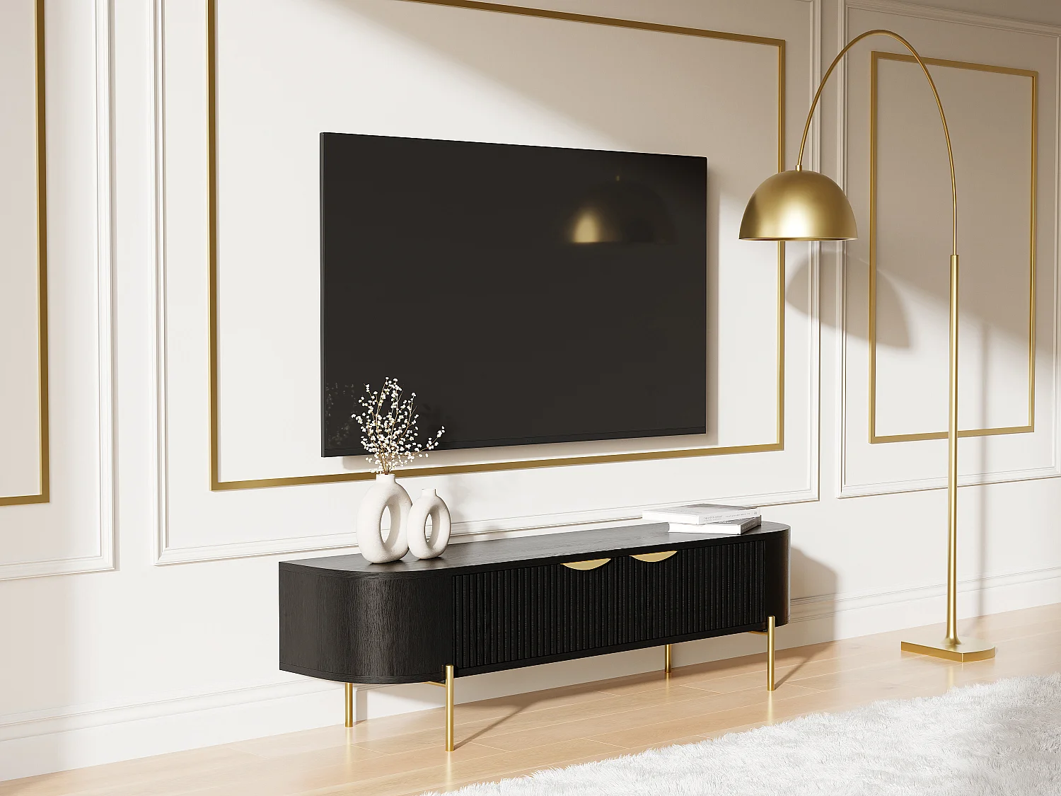 Meuble TV avec 2 portes en bois de manguier et métal doré - Noir - NEVILI de Maison Céphy